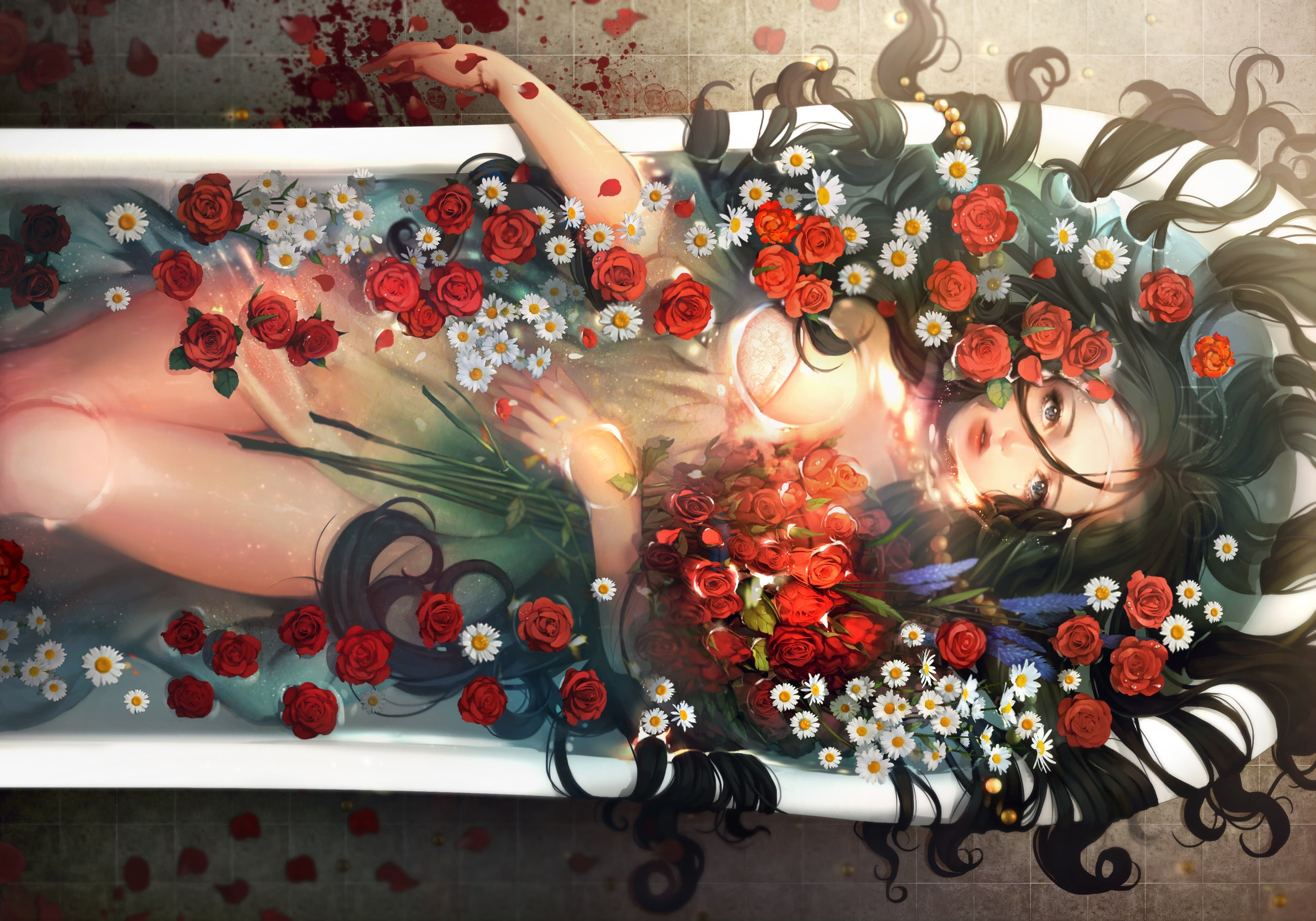 nature, bath, still life, rose, beauty in nature, bouquet, pattern, Ophelia, ma jo, red, close-up, representation, high angle view, floral pattern, art and craft, HD Wallpaper