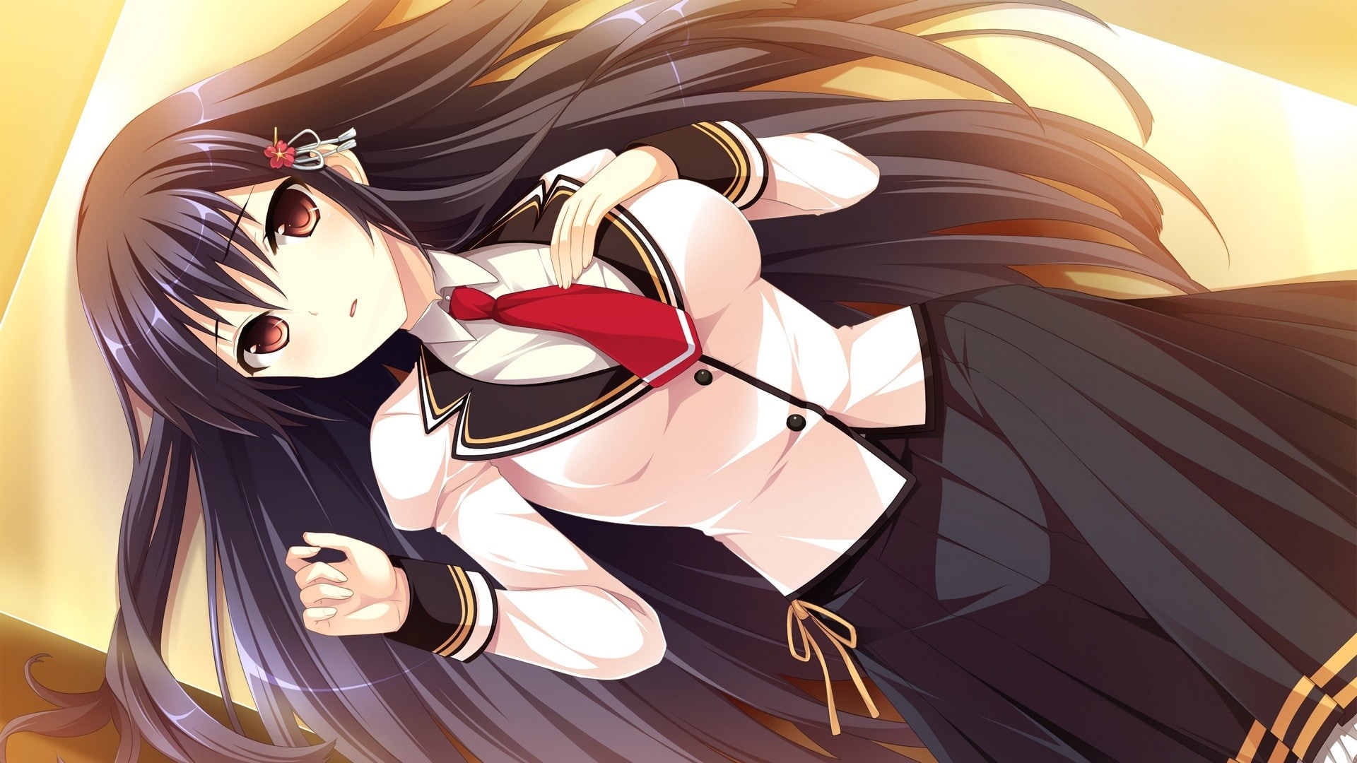 long hair, anime girls, brown eyes, black hair, anime, skirt, Kuonji Aoi, ribbons, Mote Sugite Shuraba na Ore, 1080P, tie, HD Wallpaper