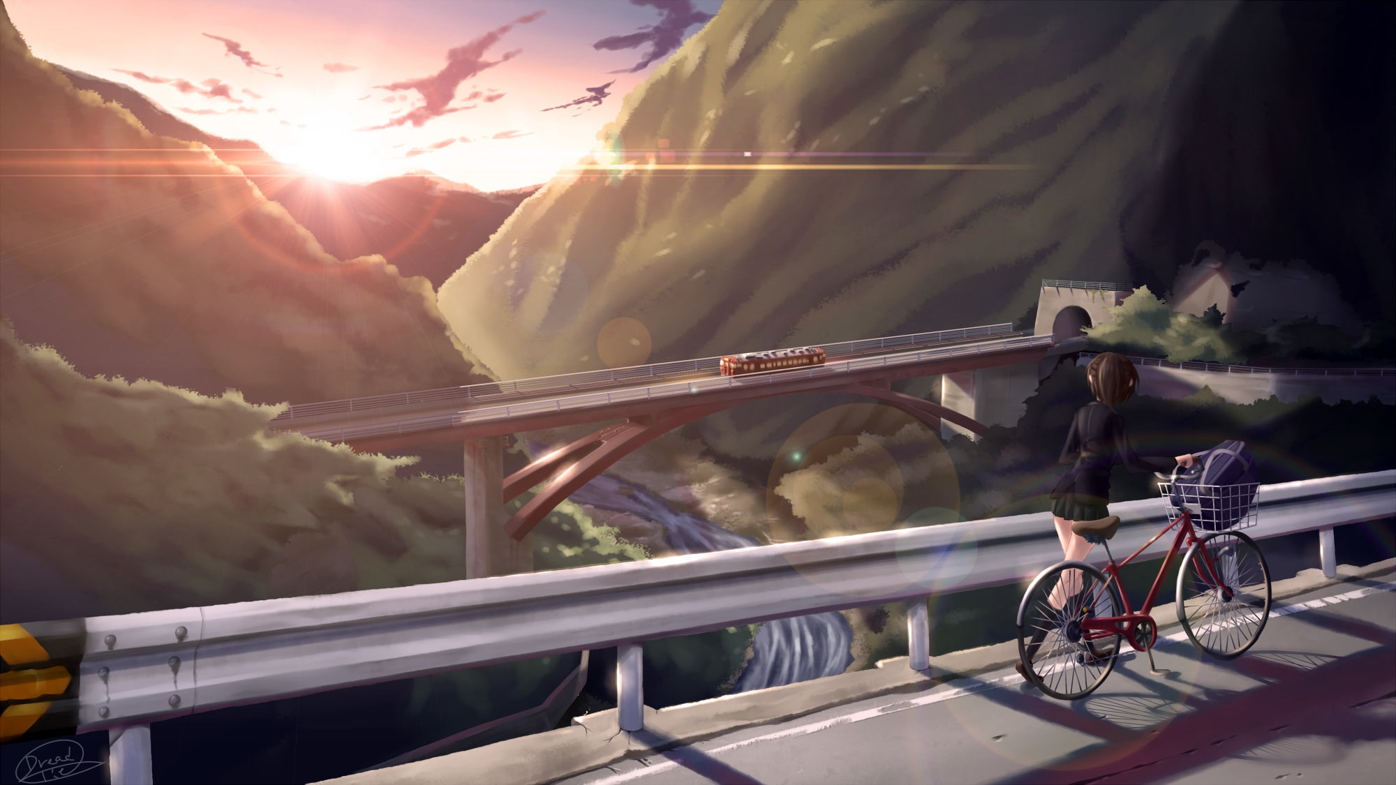 anime girls, brunette, school uniform, short hair, mountain bikes, 1080P, sunset, anime, HD Wallpaper