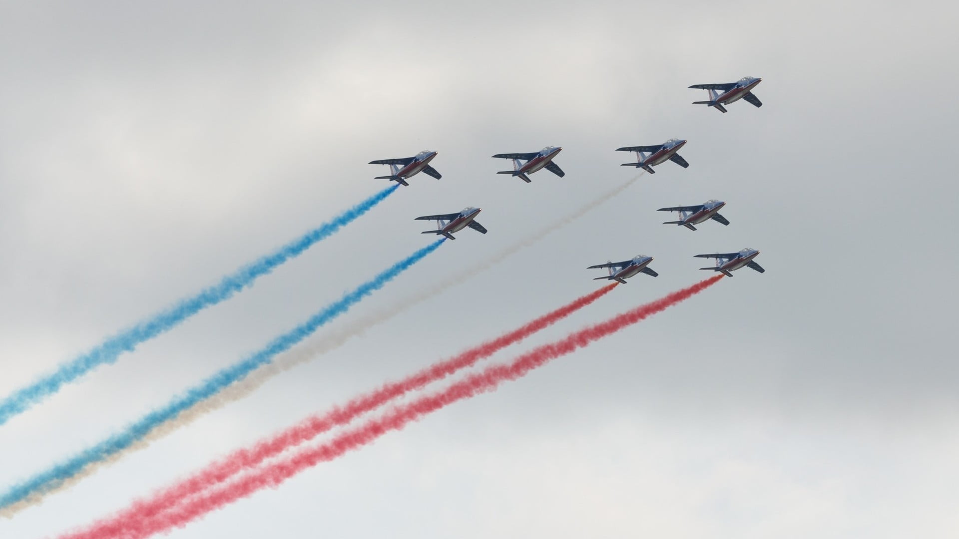 mode of transportation, Alpha Jet, teamwork, mid-air, French Air Force, smoke, airplane, airshow, motion, planes, aerospace industry, low angle view, Patrouille de France, HD Wallpaper