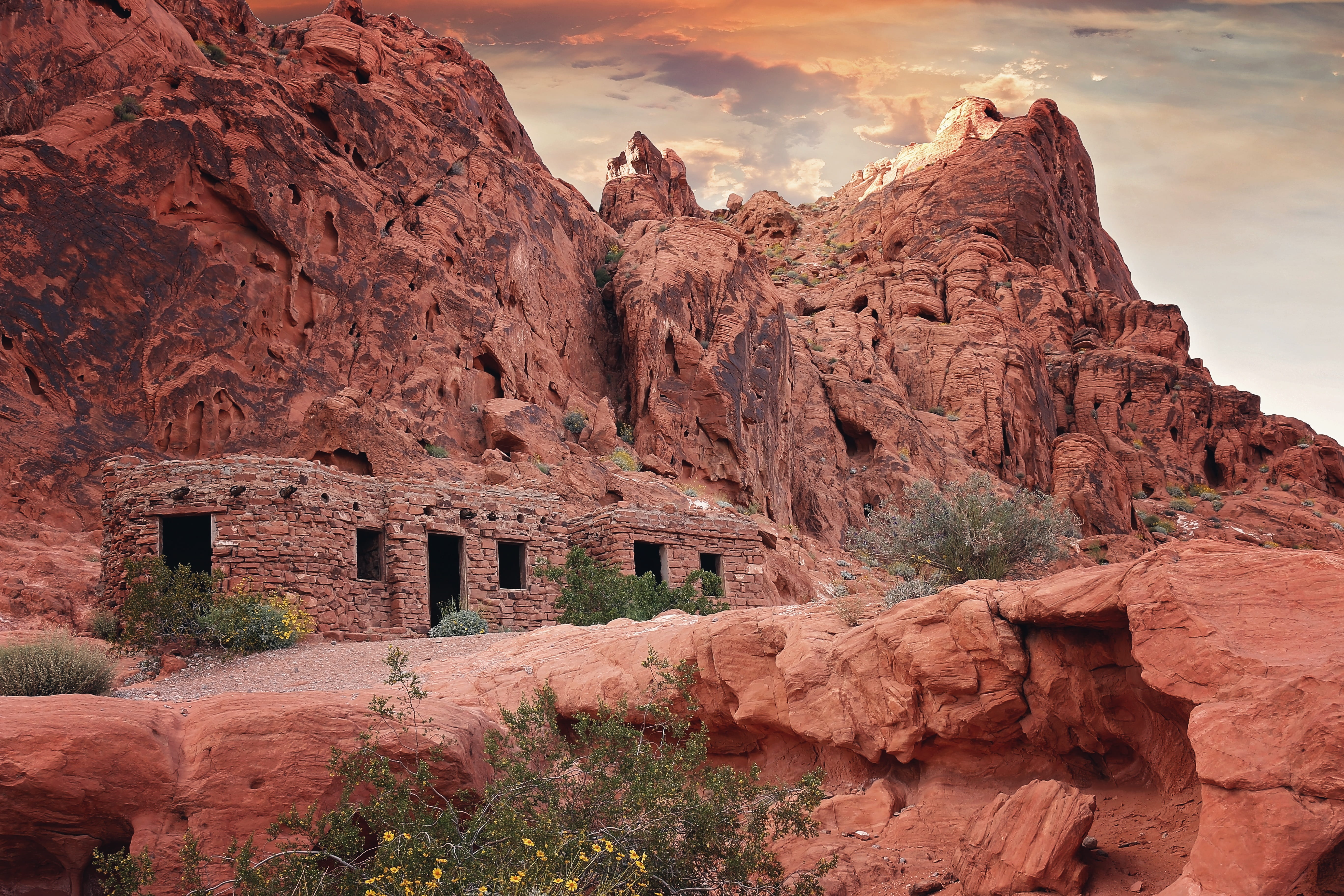 purple, sunrise, red rocks, vacation, outdoors, built structure, rock, valley of fire, nature, climate, land, orange rocks, mountain, the cabins, desert, HD Wallpaper