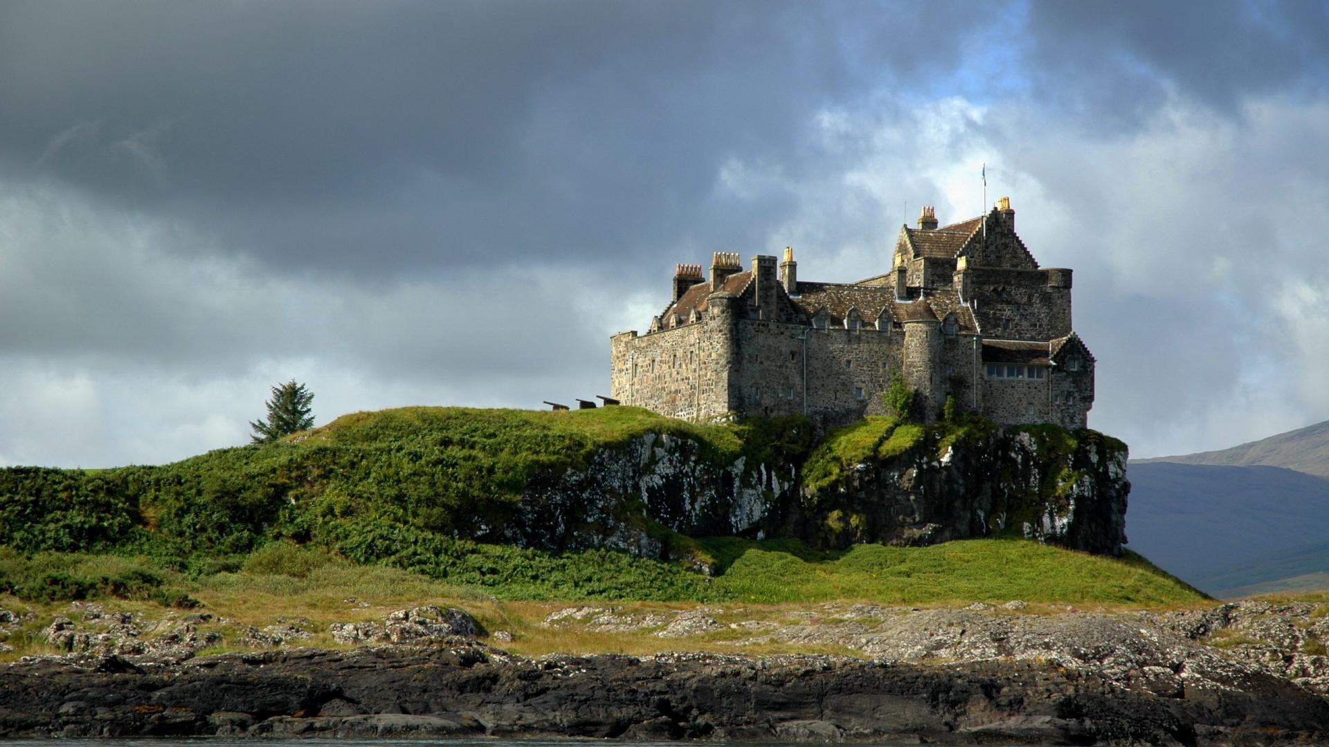 clouds, mull, island, scotl, 1080P, rocks, duart, castle, isle, grass, nature and landscapes, HD Wallpaper