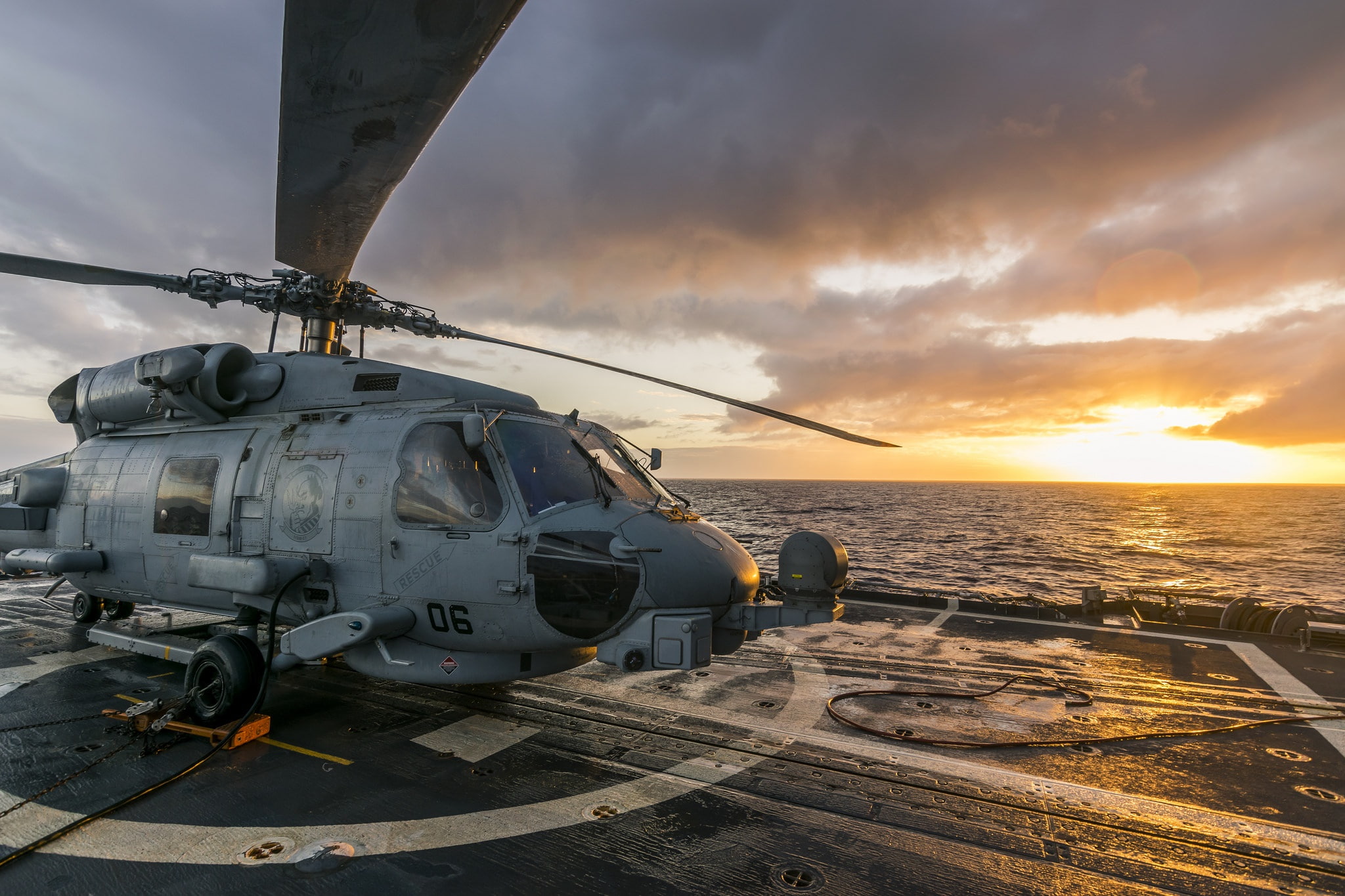 Sea Hawk, MH-60R, 1080P, dawn, deck, HD Wallpaper