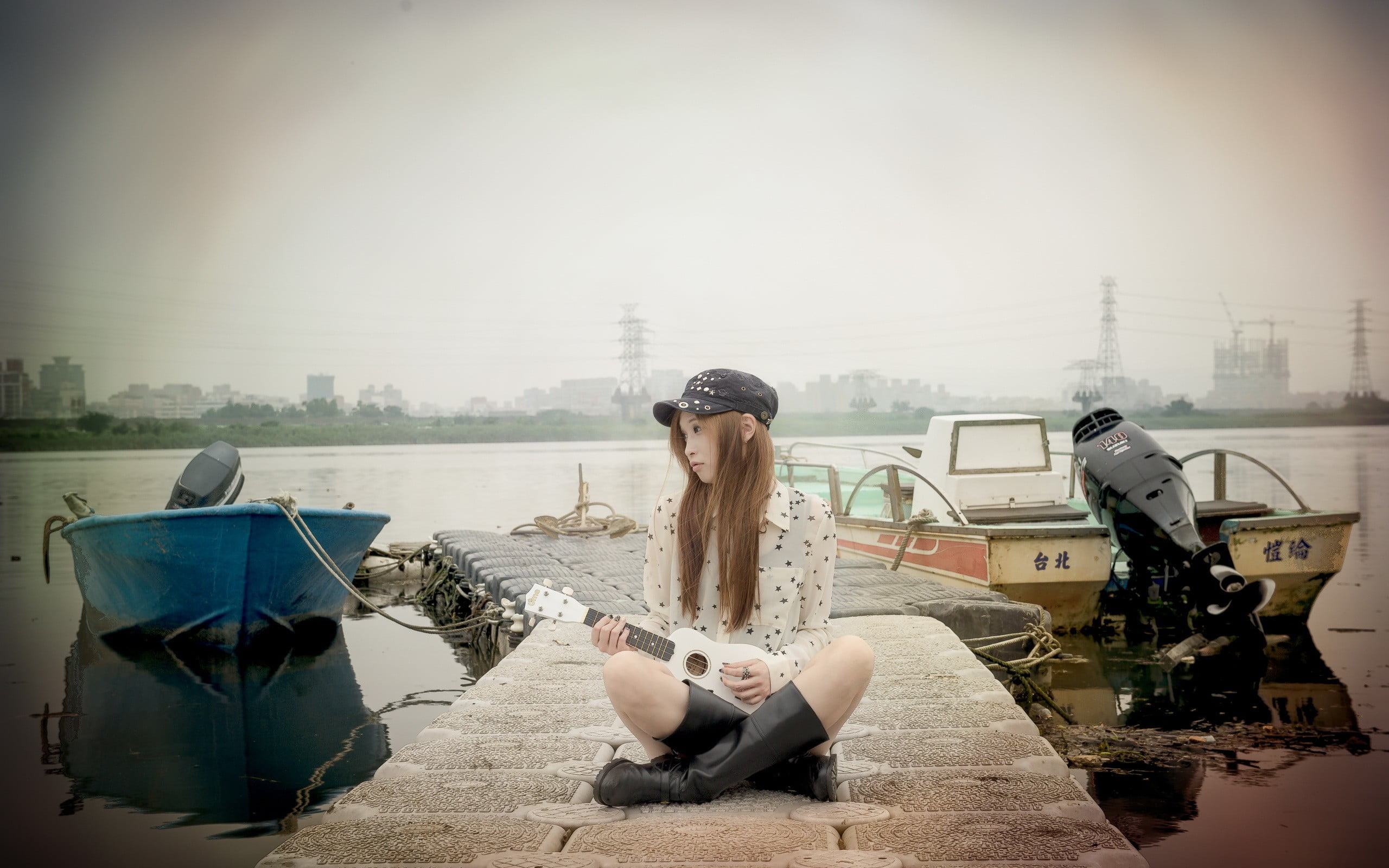 Asian, blouses, pier, siting, young adult, reflection, nature, 2K, concrete, real people, water, adult, one person, sitting, outdoors, city, long hair, HD Wallpaper