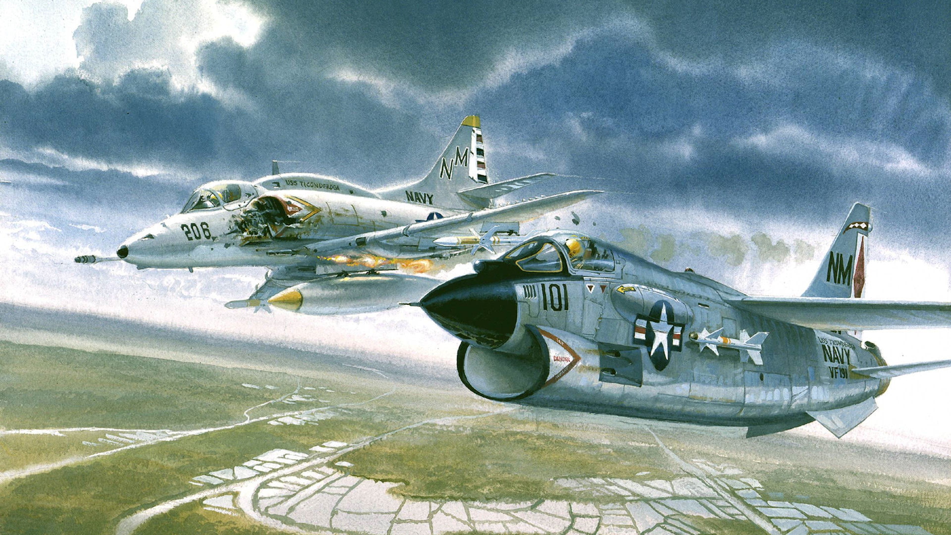 1080P, Douglas A-4 Skyhawk, pair, lined, LTV A-7 Corsair II, Vietnam, fire, HD Wallpaper