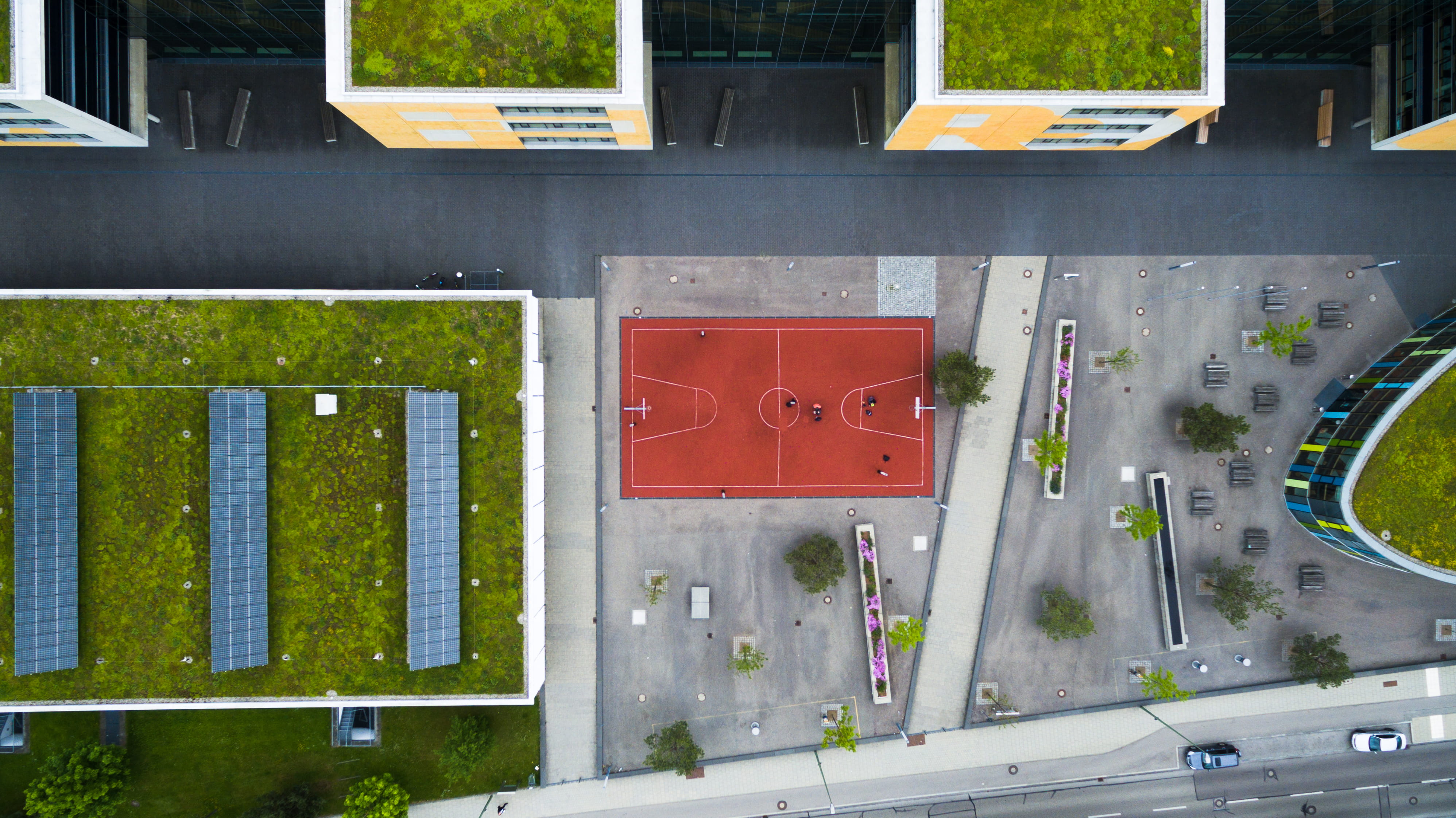 window, barrier, plant, fence, sign, nature, day, from above, high angle view, road, buildings, built structure, no people, highways, cars, aerial, red, HD Wallpaper