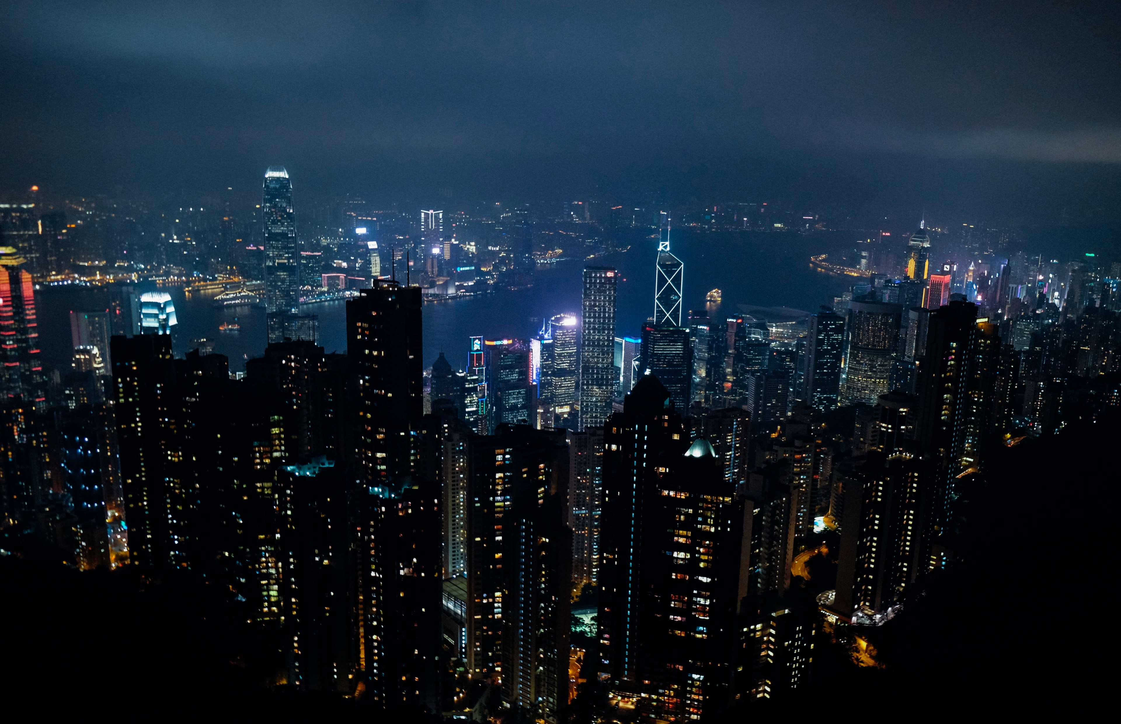 city, contemporary, buildings, downtown, finance, offices, dusk, tall - high, outdoors, architecture, hongkong, skyscraper, ocean, landmark, nightlife, HD Wallpaper