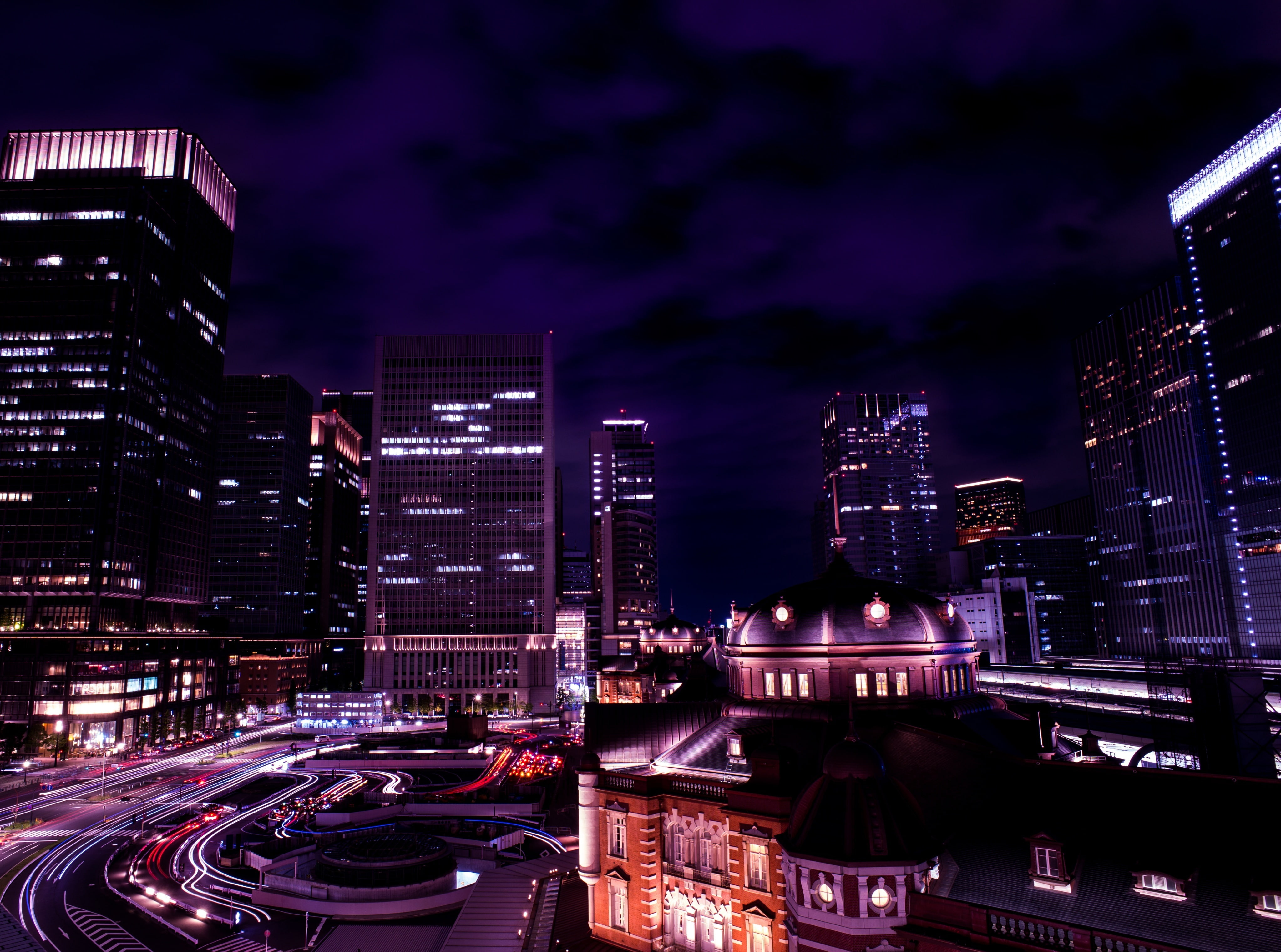 outdoors, building, landscape, sky, nature, rise, financial district, modern, Asia, buildings, building exterior, city life, illuminated, purple, long exposure, HD Wallpaper