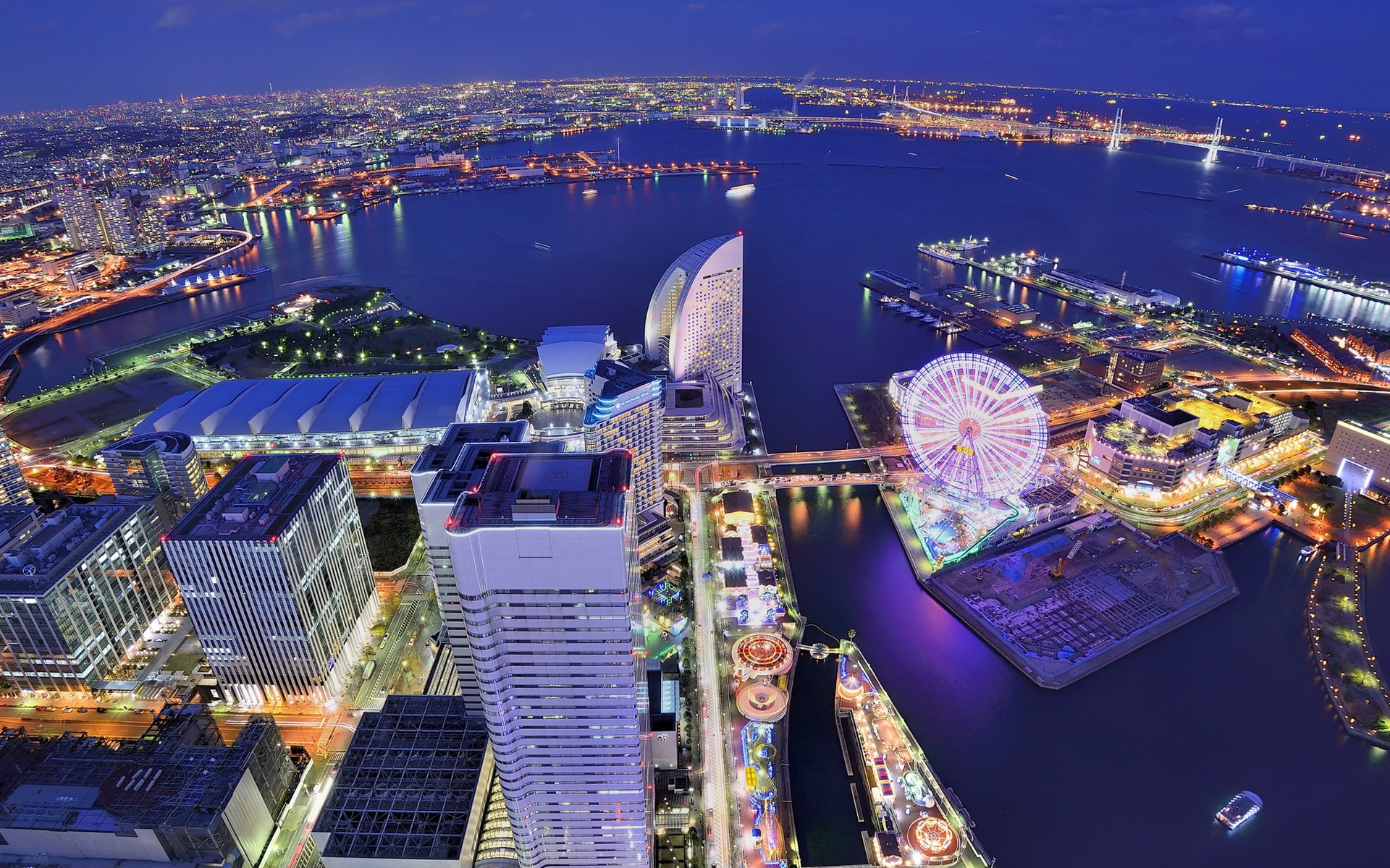 Night, Yokohama, Metropolis, Buildings, 1080P, Houses, Bay, City, Ferris, Japan, Wheel, HD Wallpaper