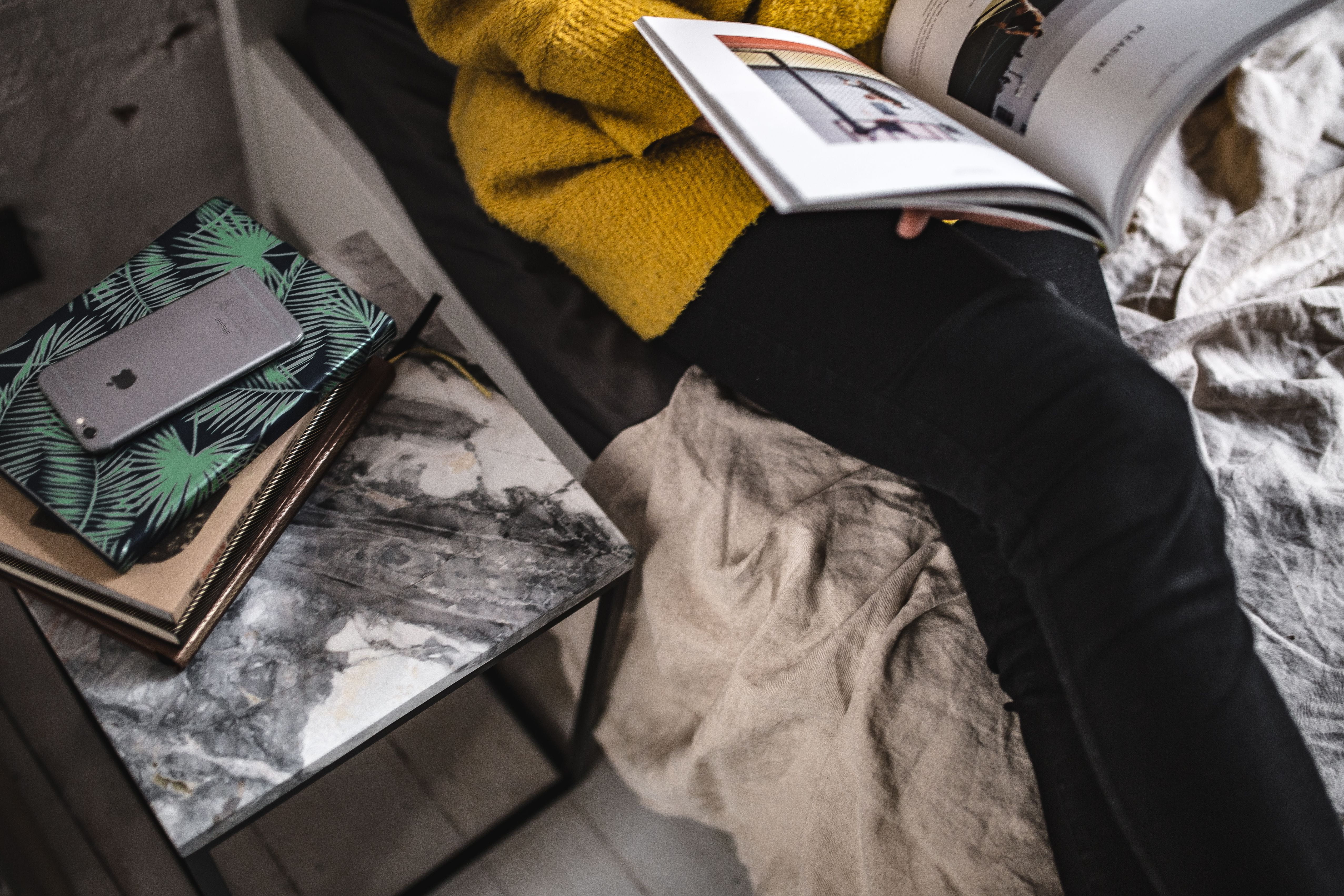 paper, read, education, real people, female, bed, home Interior, 4K, in bed, young, yellow sweater, activity, woman reading, high angle view, reading, HD Wallpaper