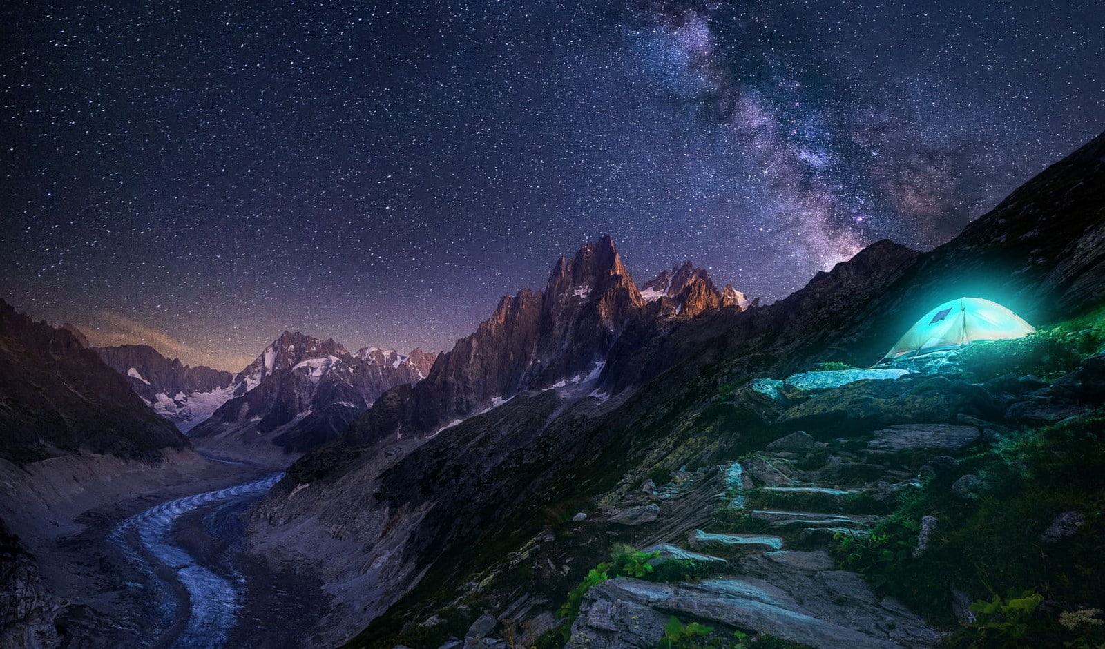 nature, photography, snow, long exposure, Milky Way, glaciers, camping, 720P, landscape, starry night, lights, peace, mountains, HD Wallpaper