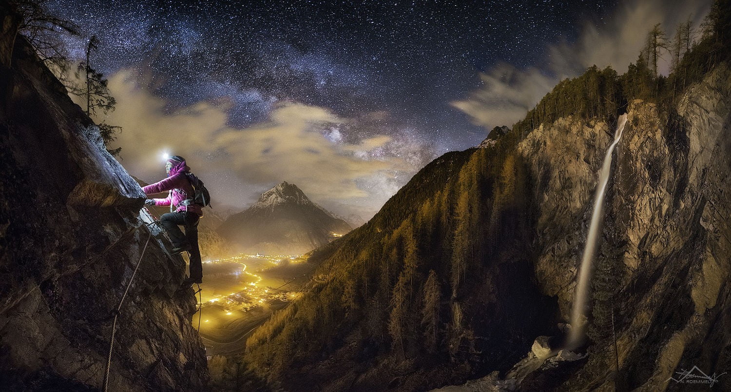 mountain, stars, village, long exposure, rock, lifestyles, nature, beauty in nature, one person, rock climbing, snowy peak, scenics - nature, activity, HD Wallpaper