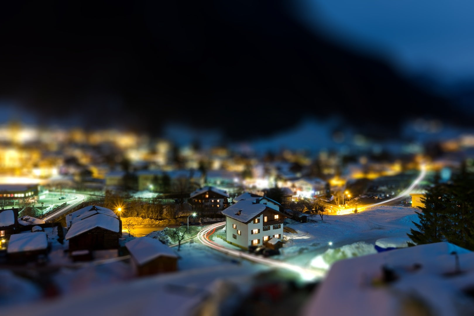 snow, nature, tilt shift, mountains, architecture, lights, street, night, 720P, long exposure, town, winter, light trails, road, rooftops, trees, house, HD Wallpaper