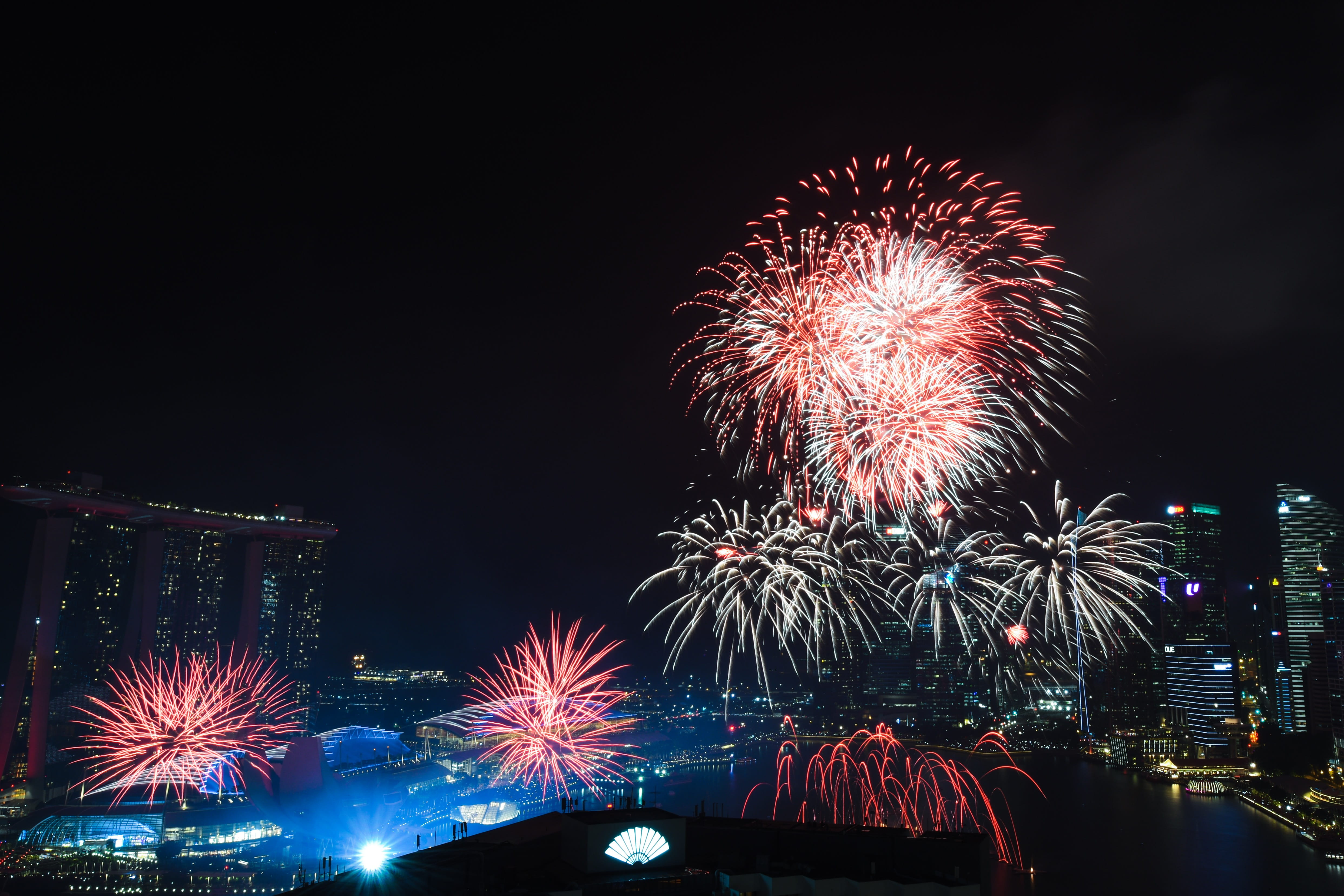 built structure, red and white, nighttime, outdoors, high rise, motion, building, cityscape, singapore, nature, exploding, light streak, long exposure, HD Wallpaper