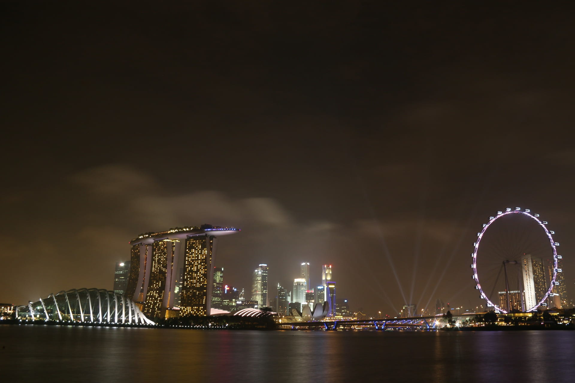 financial district, urban Skyline, tower, night, amusement park, night time, sea, building Exterior, modern, no people, famous Place, time, sky, harbor, HD Wallpaper