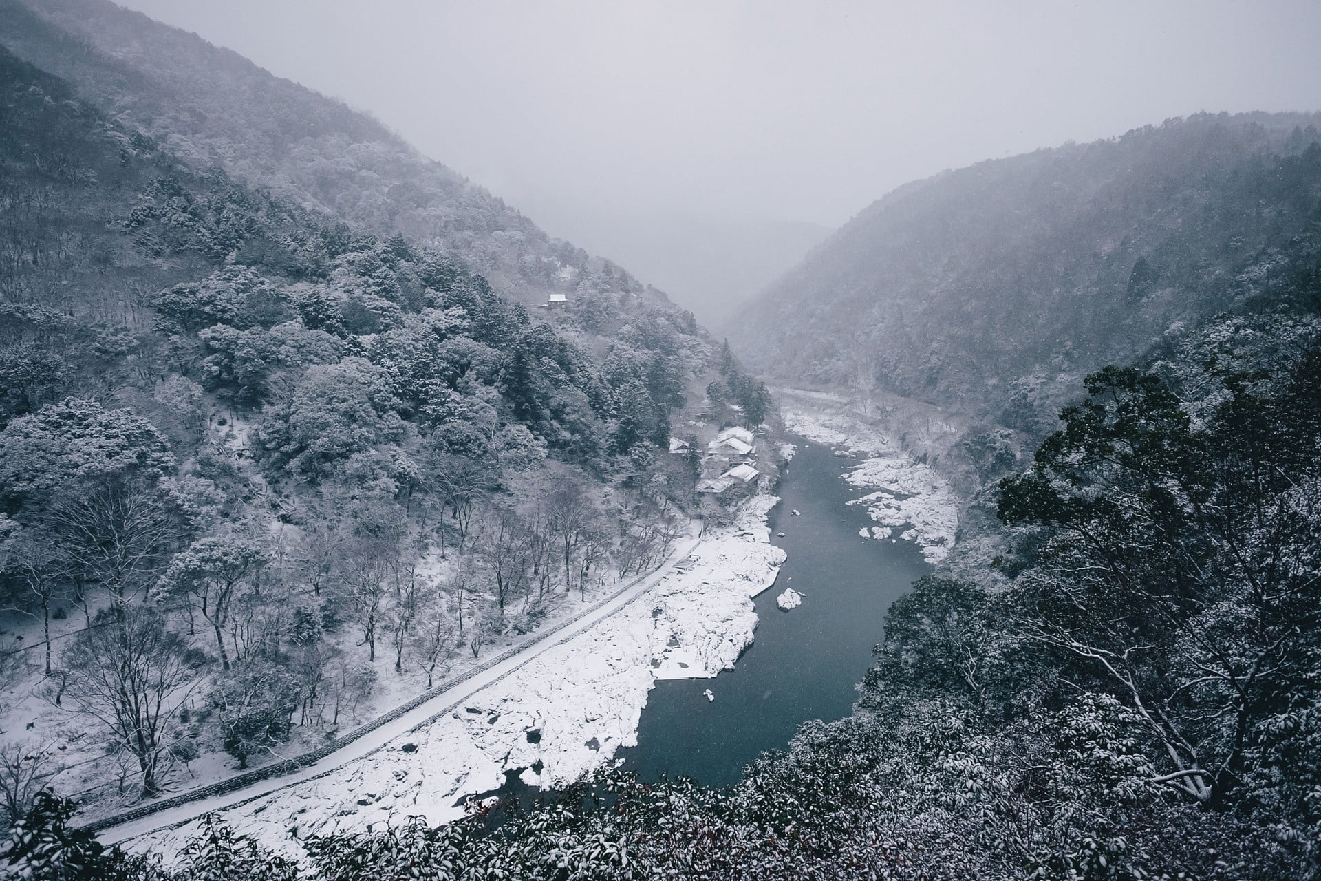 cold temperature, tranquil scene, mountains, tree, day, landscape, snow, no people, environment, mist, trees, non-urban scene, climate, river, scenics - nature, HD Wallpaper