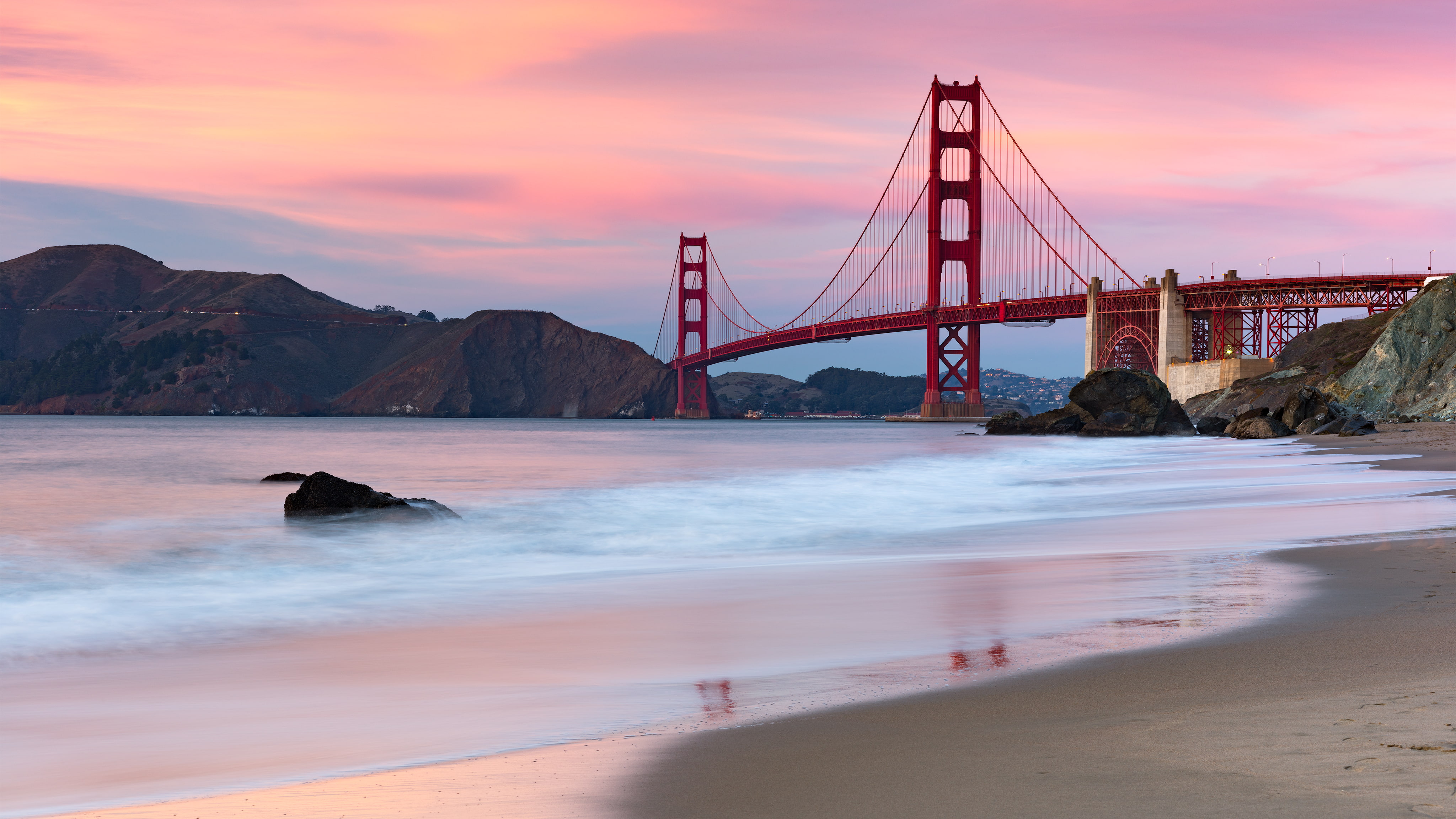 beauty in nature, goldengatebridge, sanfrancisco, built structure, pink, outdoors, long‑exposure, landmarks, sunset, sea, connection, phaseonea/siq3100mp, HD Wallpaper