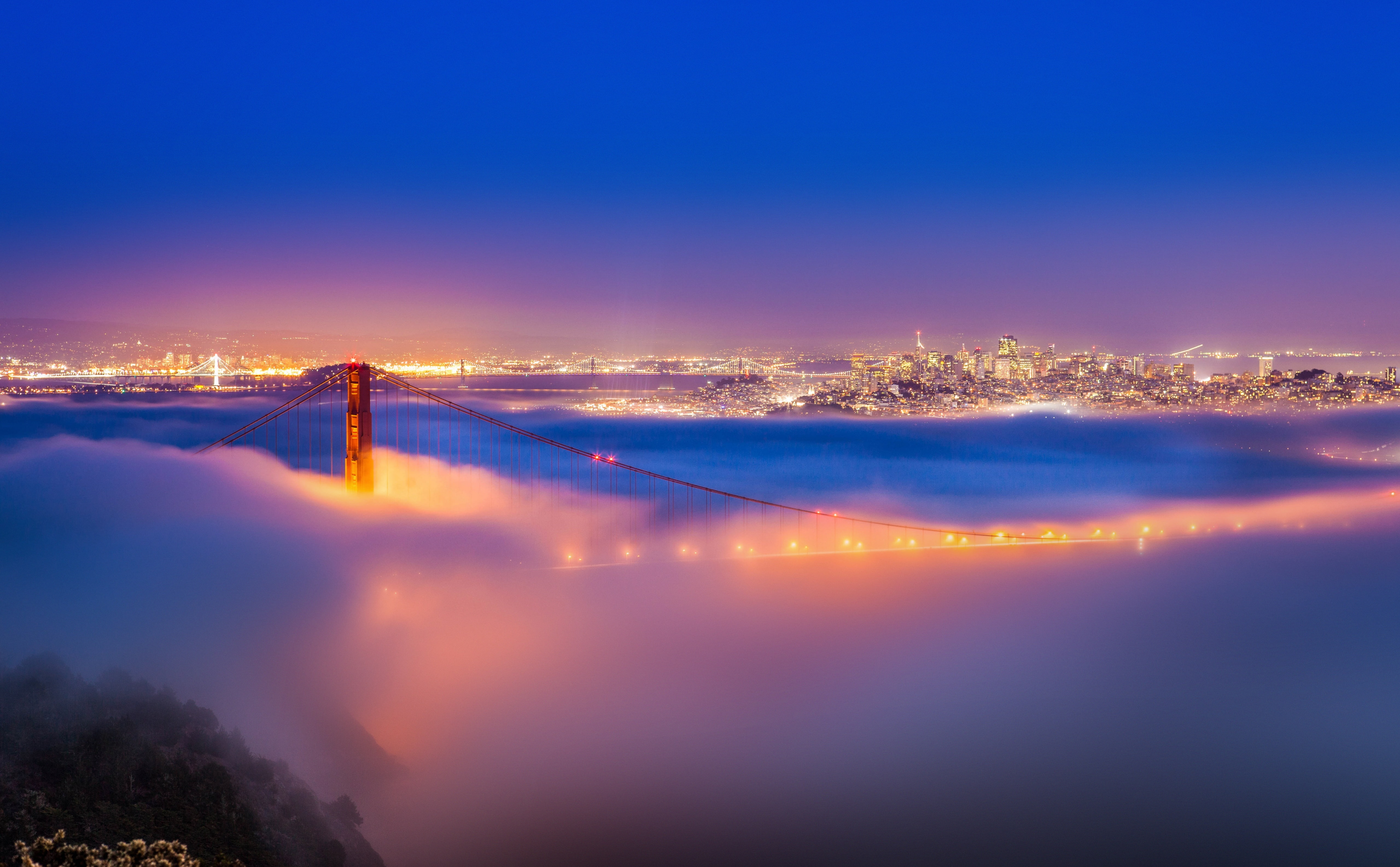 dusk, night, connection, fog, California, bridge, goldengatebridge, bridge - man made structure, no people, cityscape, city, October, lowfog, sanfrancisco, HD Wallpaper