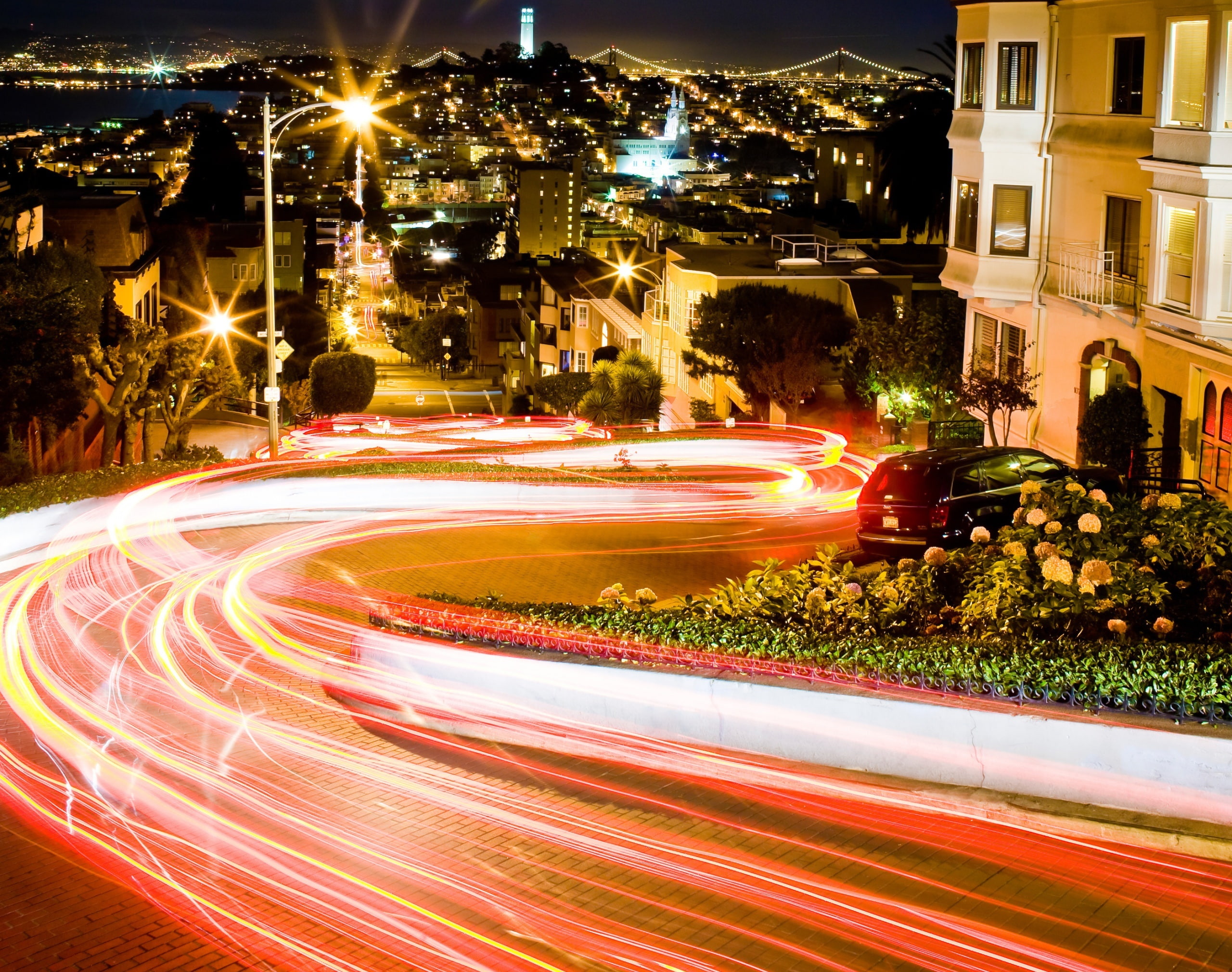 night, unitedstates, California, speed, motion, built structure, no people, approximate, 2K, photo, blurred motion, coittower, building, lombardstreet, HD Wallpaper
