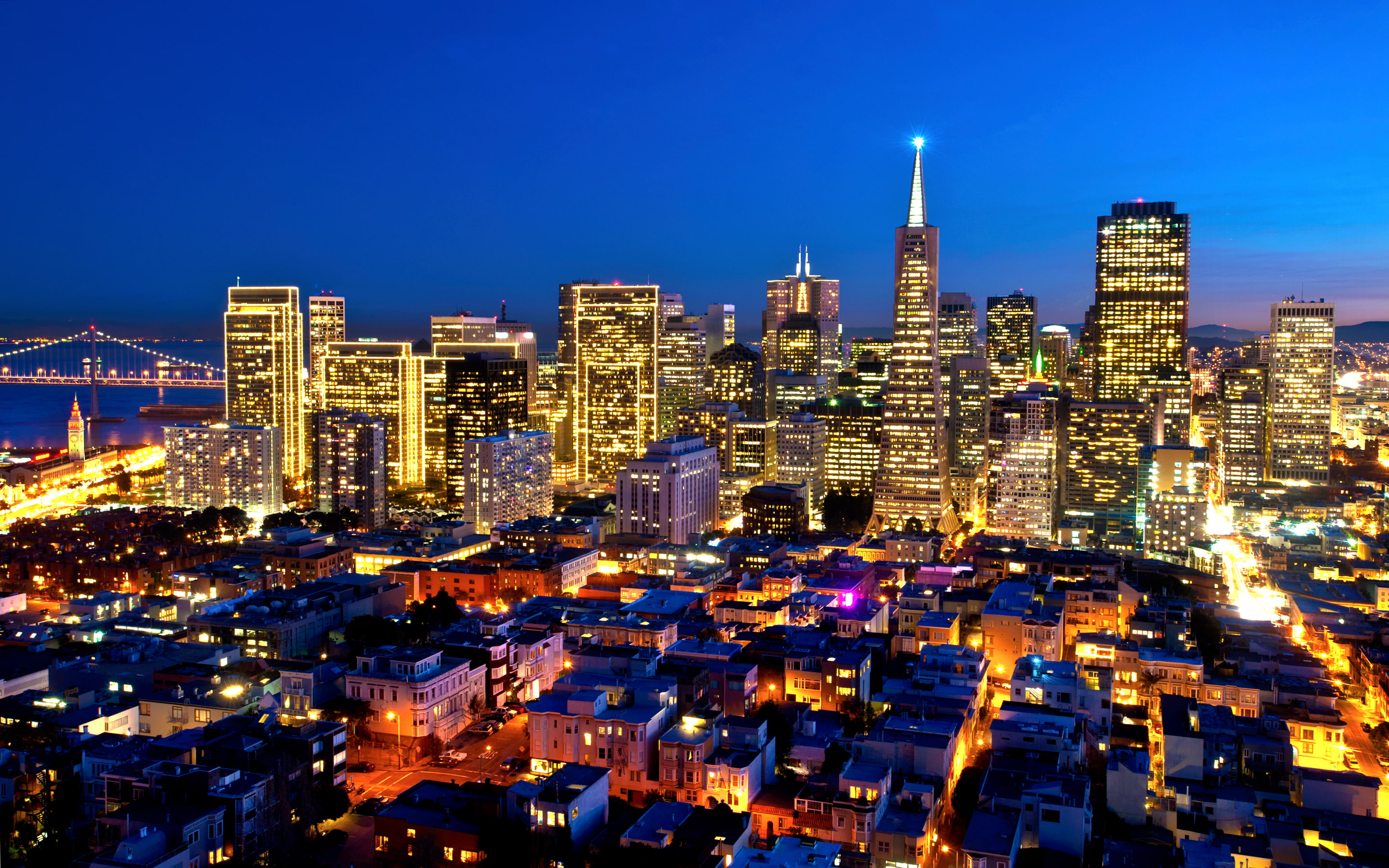 skyline, blue, citylights, photography, cityscape, california, night, bay, longexposure, beautiful, nikond700, nikon, 2K, landmarks, sanfrancisco, urban, HD Wallpaper