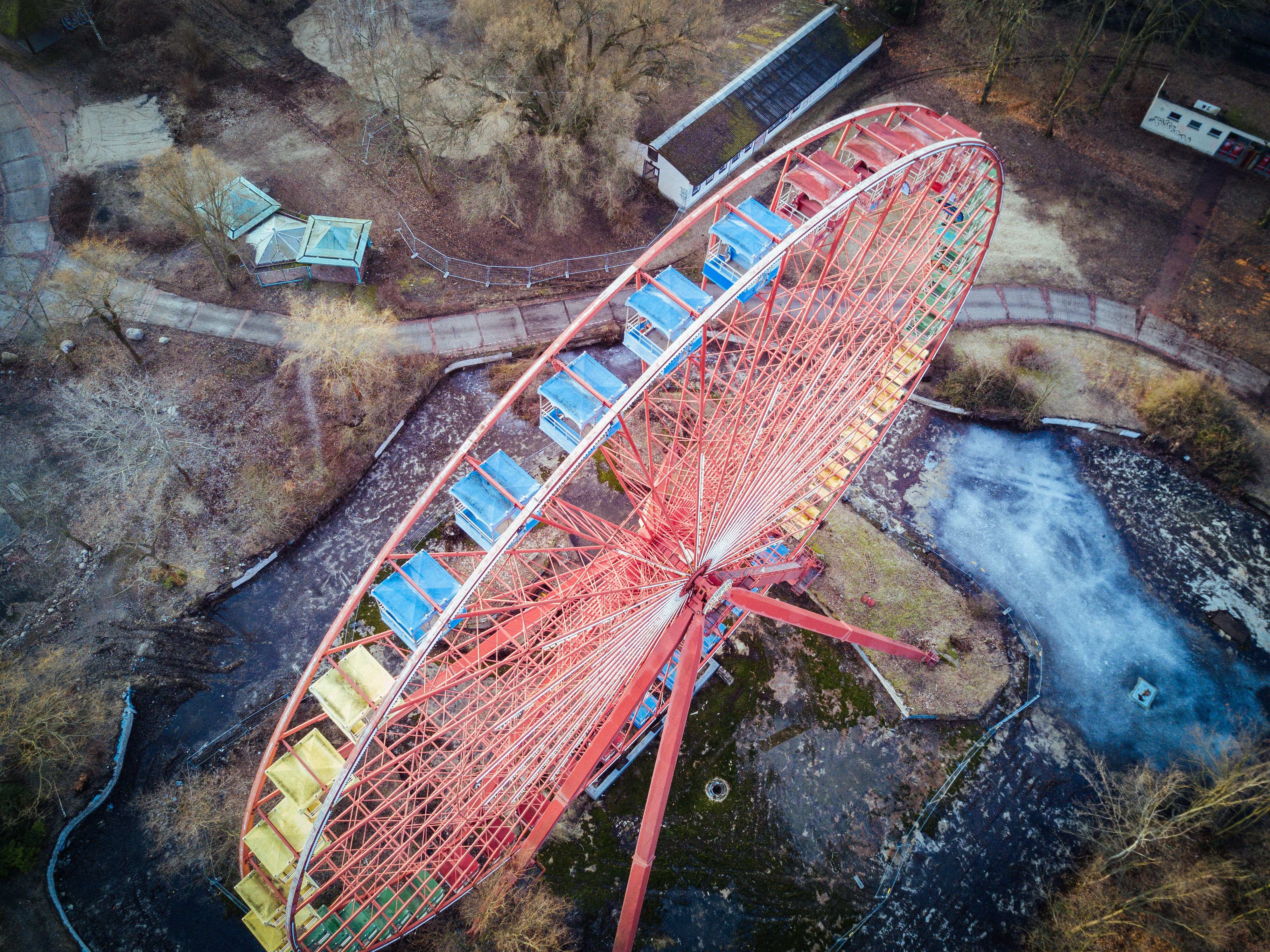 aerial, ruins, built structure, transportation, water, industry, spreepark, day, architecture, trees, urbex, building exterior, drone, nature, park, outdoors, HD Wallpaper