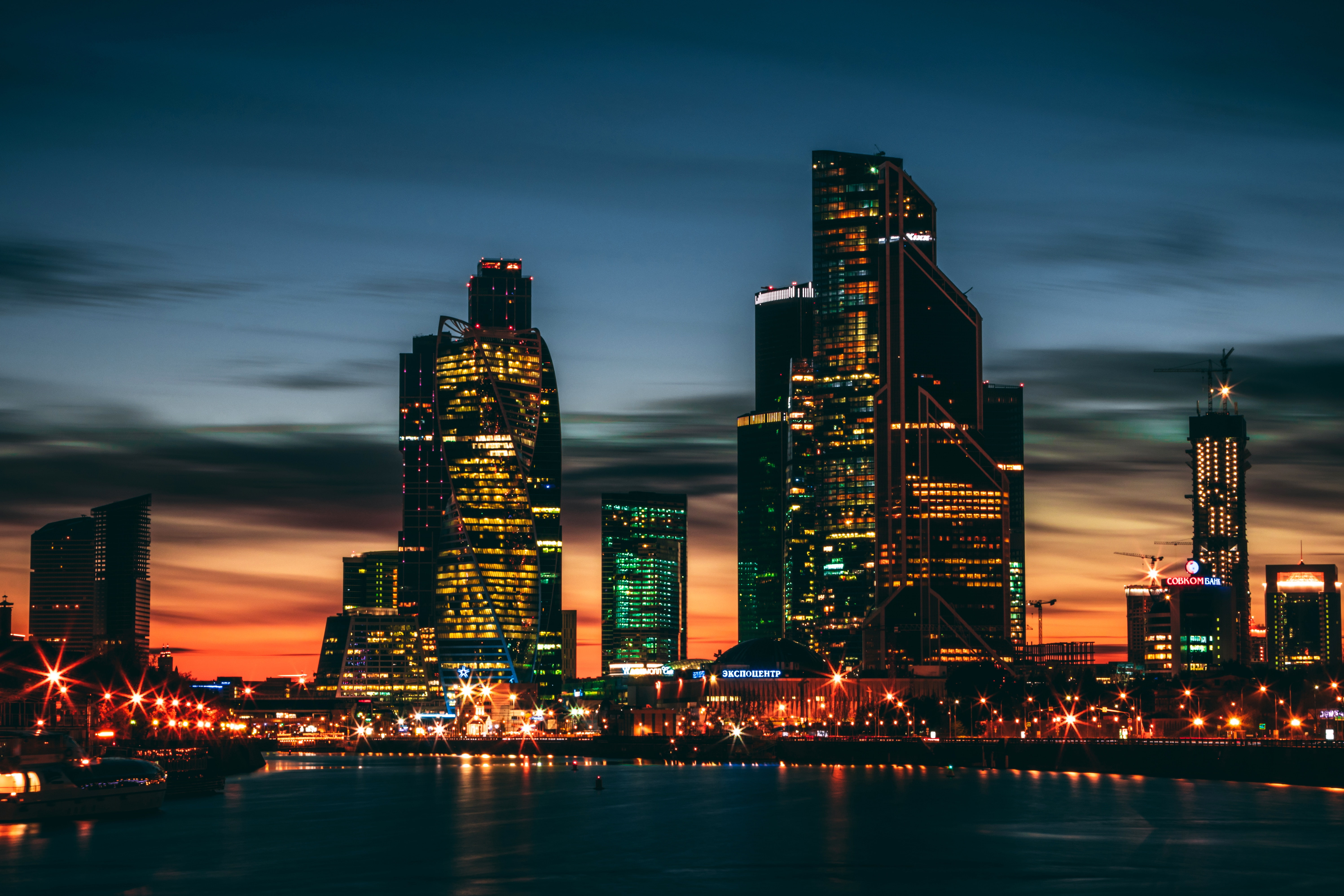 sunset, Lights, Skycrapers, 5K, city, HD Wallpaper