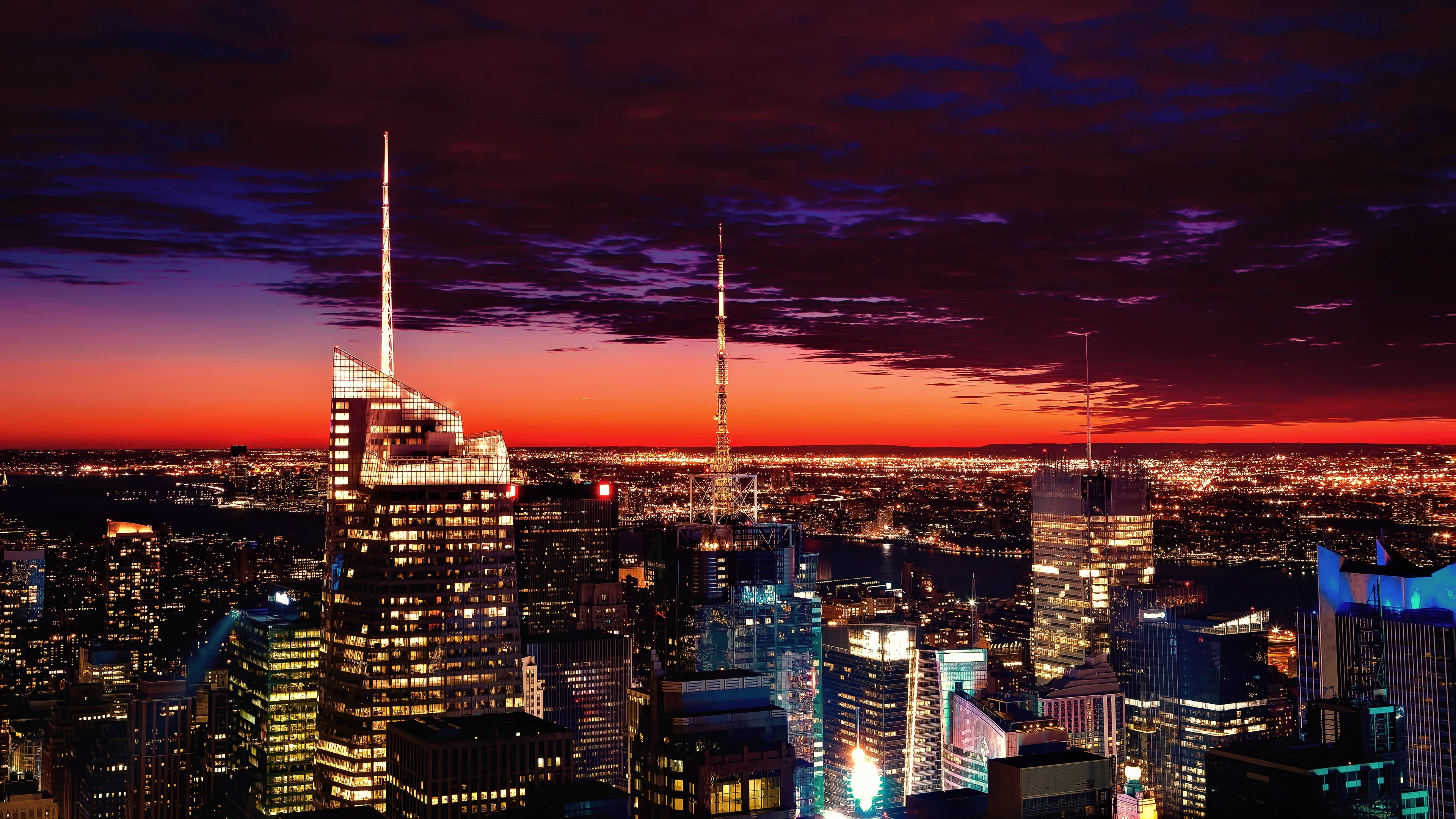 skycrapers, USA, night, New-York, city, windows, 4K, lights, HD Wallpaper
