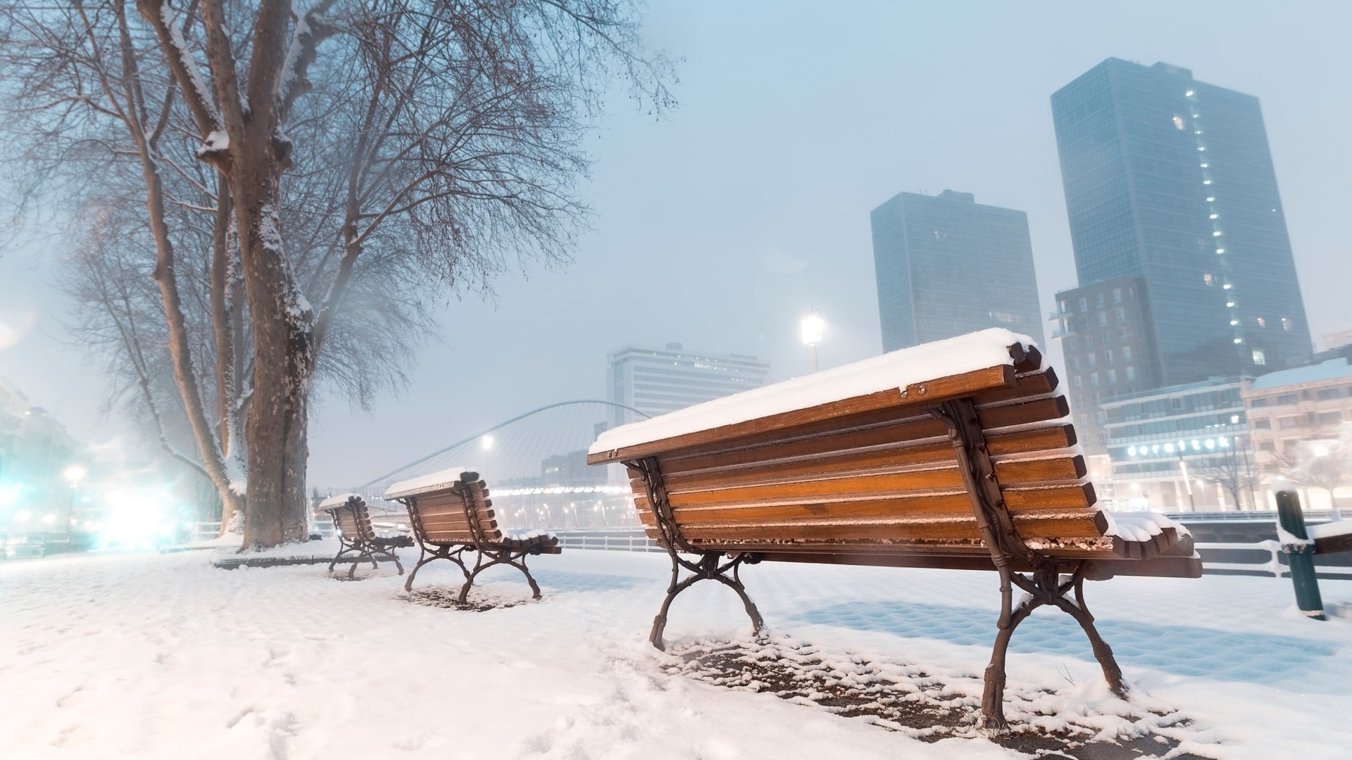 tree, 1080P, winter, urban, snow, city, skycrapers, cold, buildings, mist, Bench, HD Wallpaper