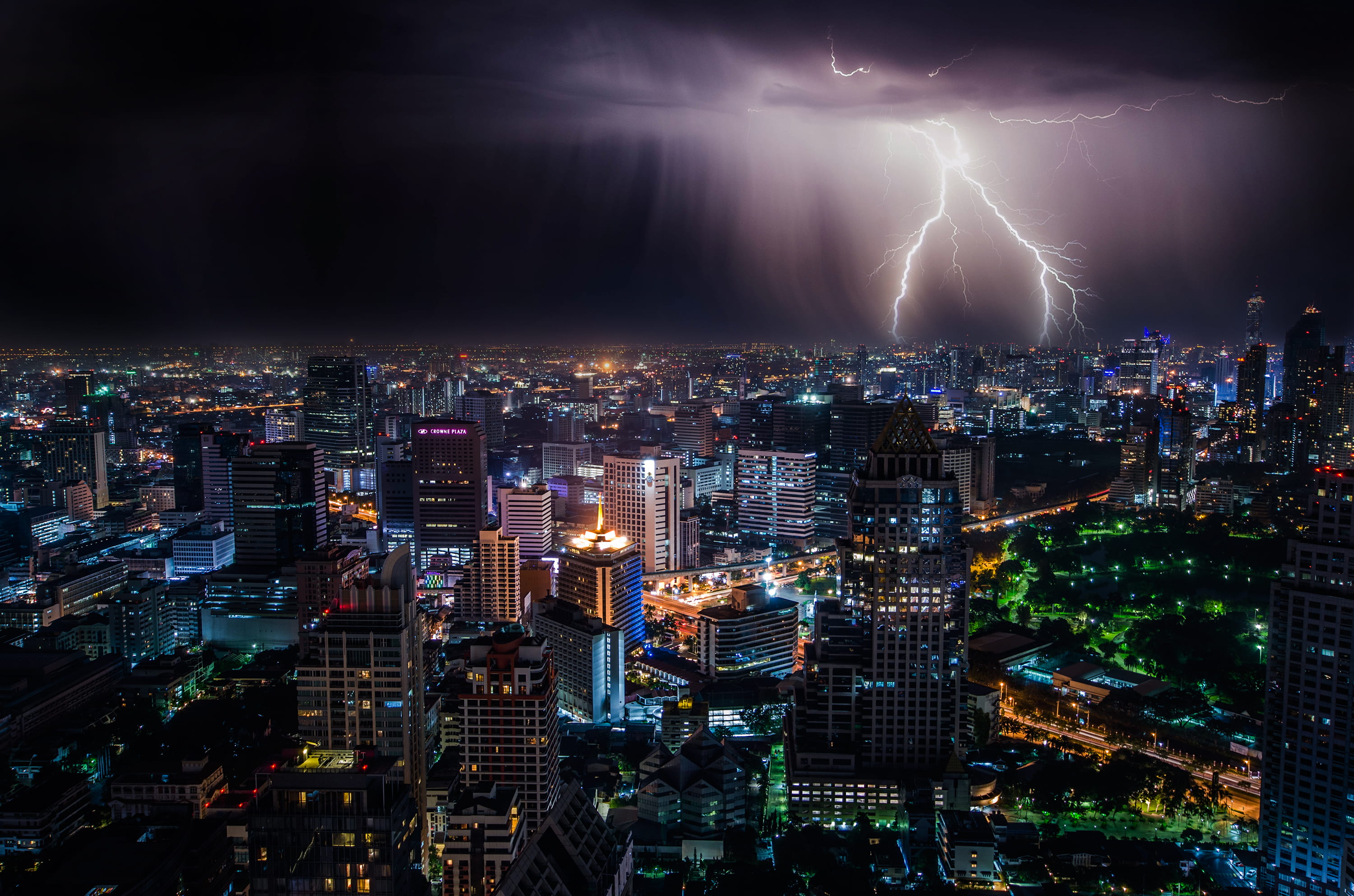 view, metropolitan, no people, weather, strike, skycrapers, capital, cityscape, cloud, modern, buildings, architecture, night, 2K, nightlife, cloud - sky, HD Wallpaper