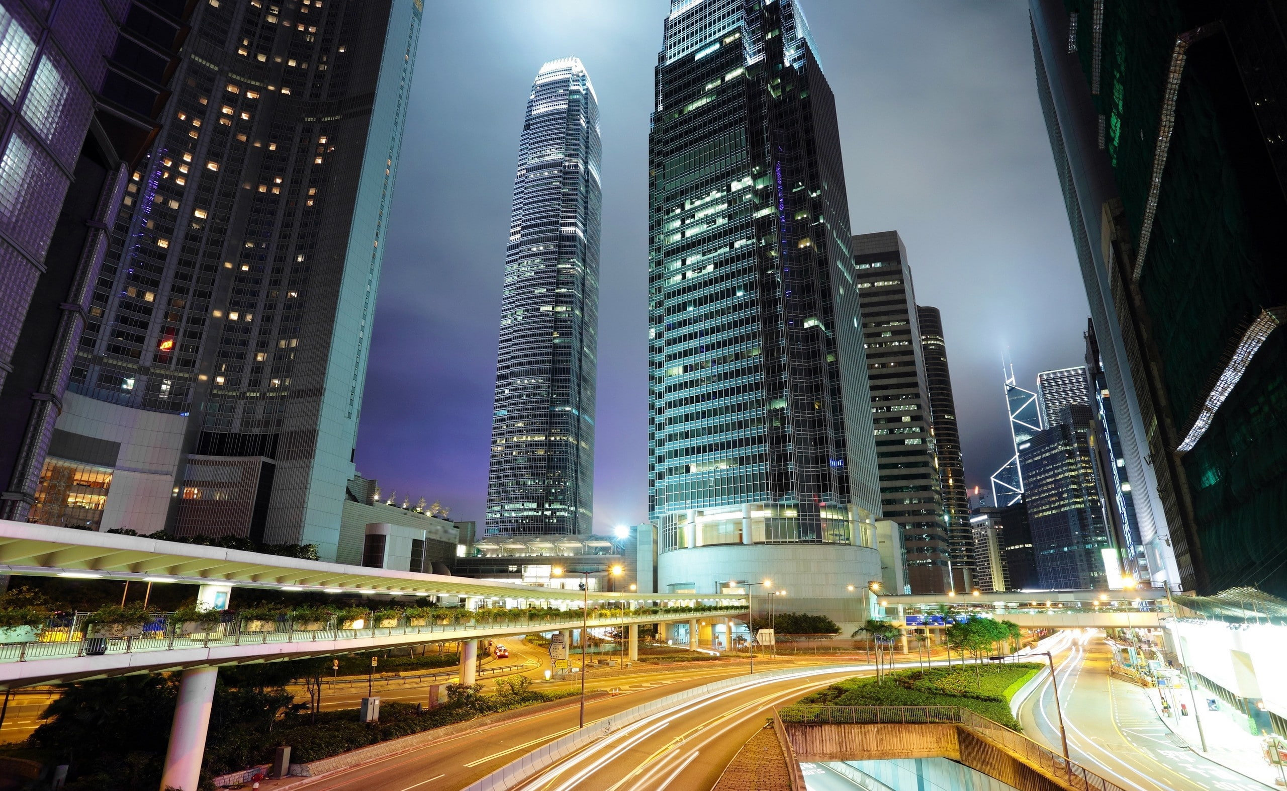 road, transportation, long exposure, buildings, office building exterior, financial district, building exterior, Kong, modern, sky, street, light trail, HD Wallpaper