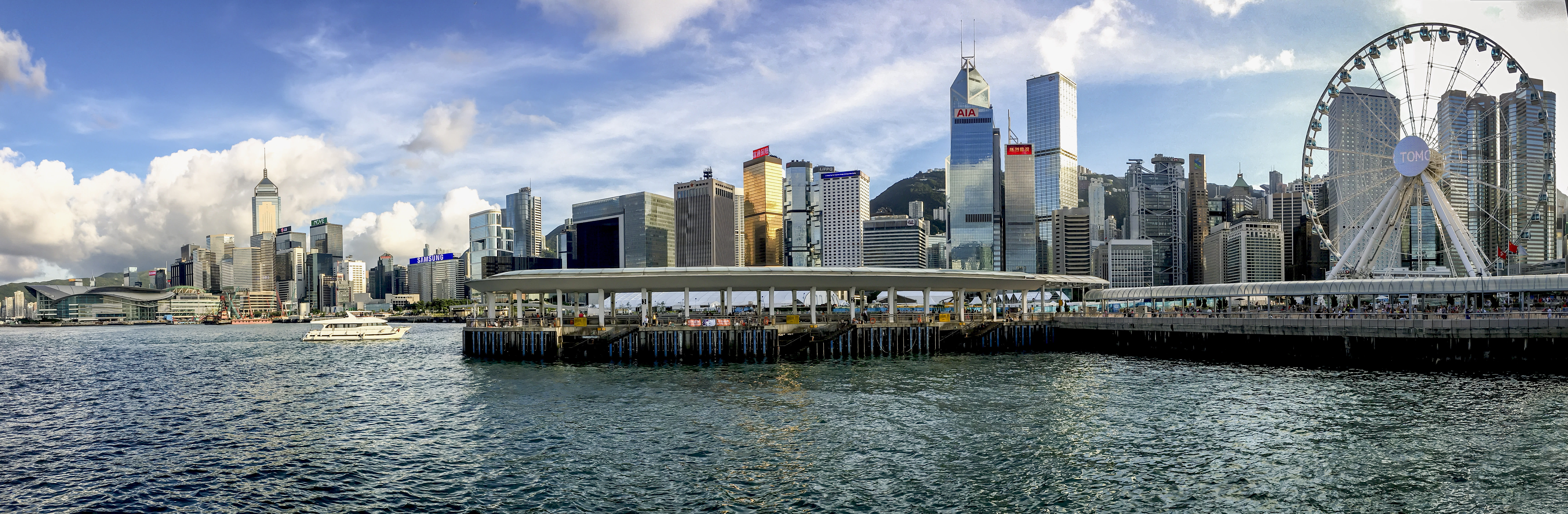buildings, travel destinations, modern, day time, ocean, built structure, downtown district, hong kong, cityscape, sky, landscape, ferris wheel, city, building, HD Wallpaper