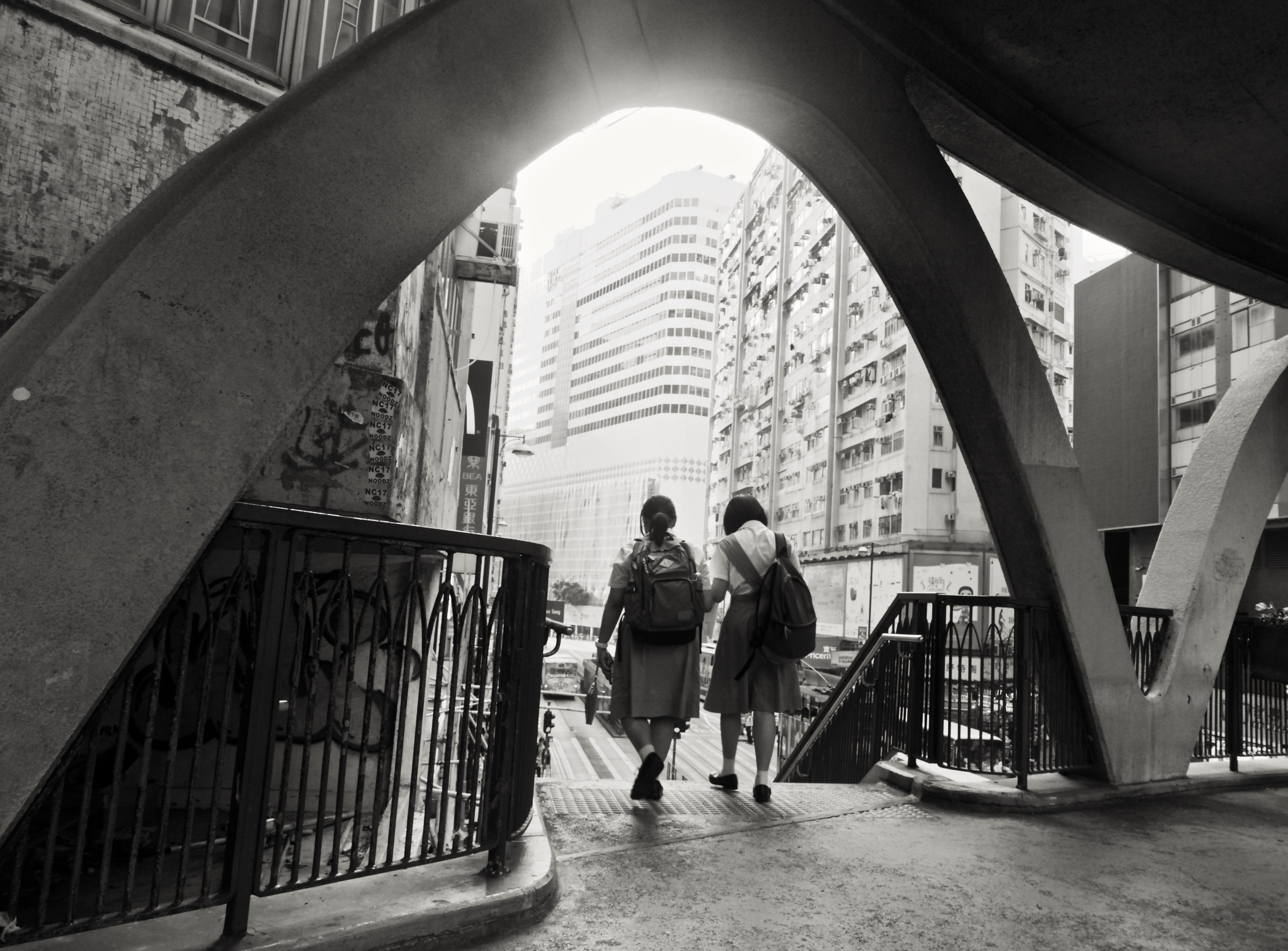 women, adult, railing, building, rear view, togetherness, lifestyles, group of people, real people, bridge, hong kong, city, full length, citylife, people, HD Wallpaper