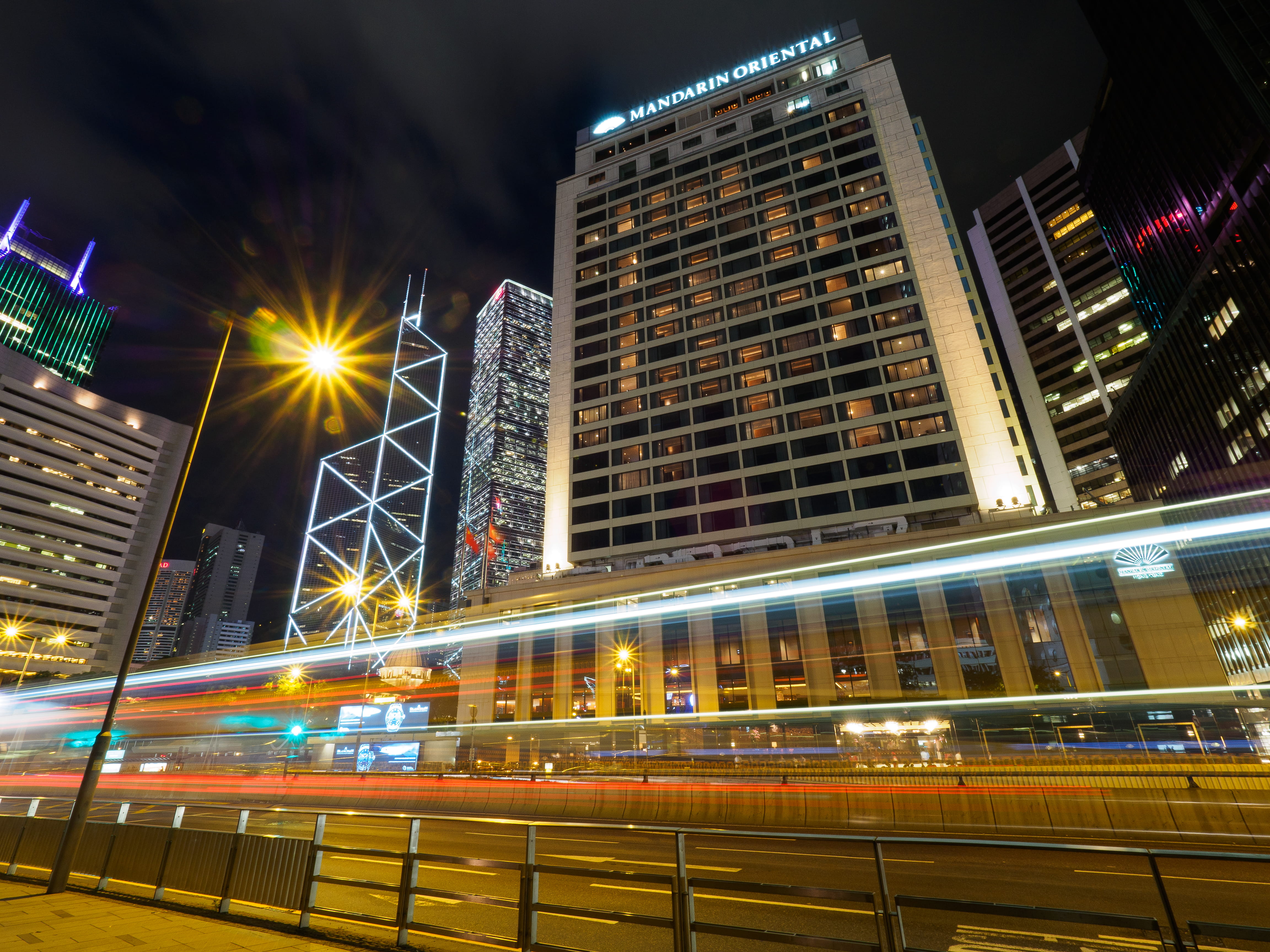 illuminated, central, rail transportation, motion, hong kong, cityscape, building exterior, street, speed, blurred motion, night, long exposure, skyscraper, HD Wallpaper