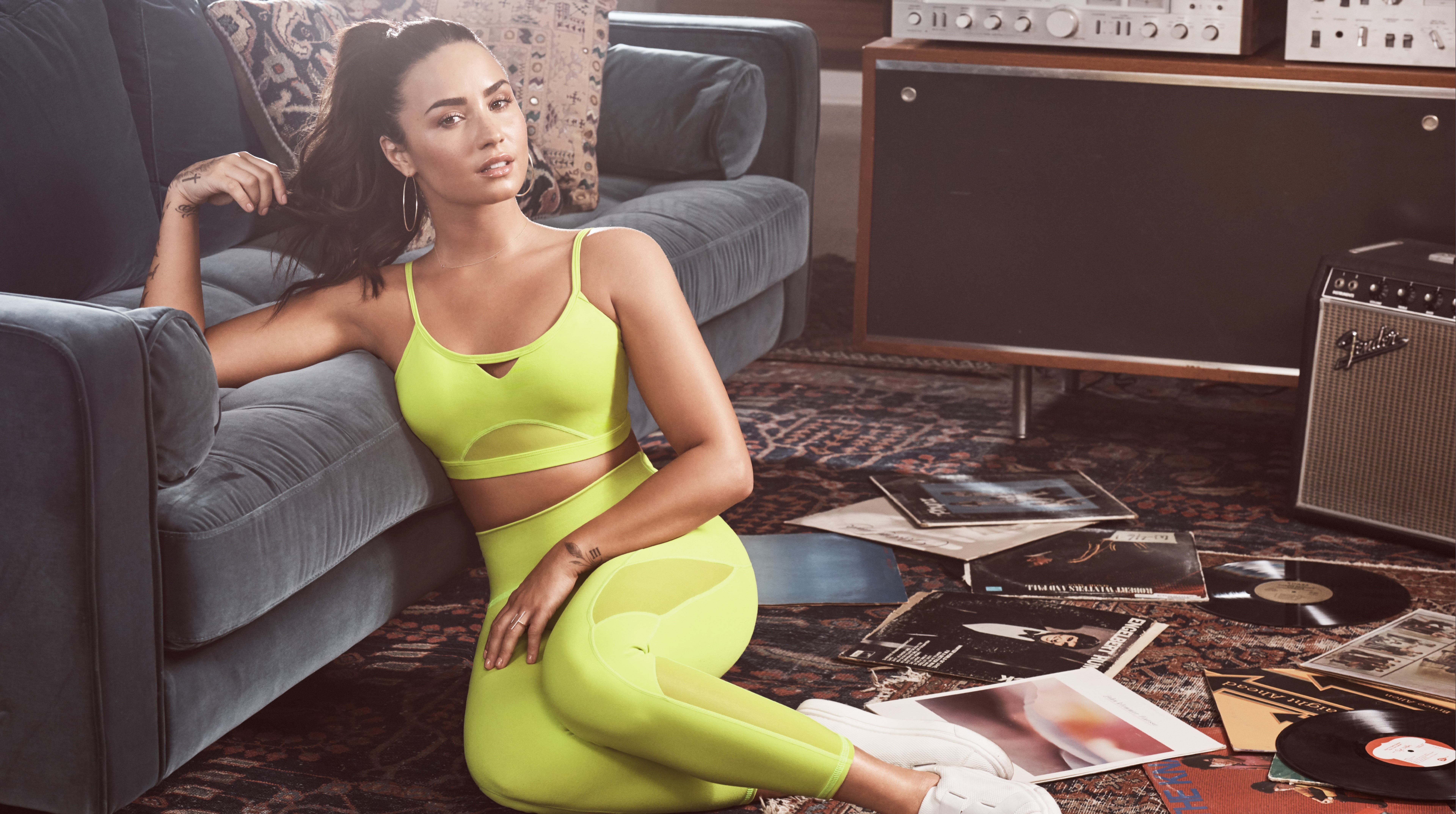 Music, clothes, young women, sportswear, front view, Body, Demi, young adult, indoors, beautiful woman, 8K, technology, sitting, Style, Lovato, 2018, Others, HD Wallpaper