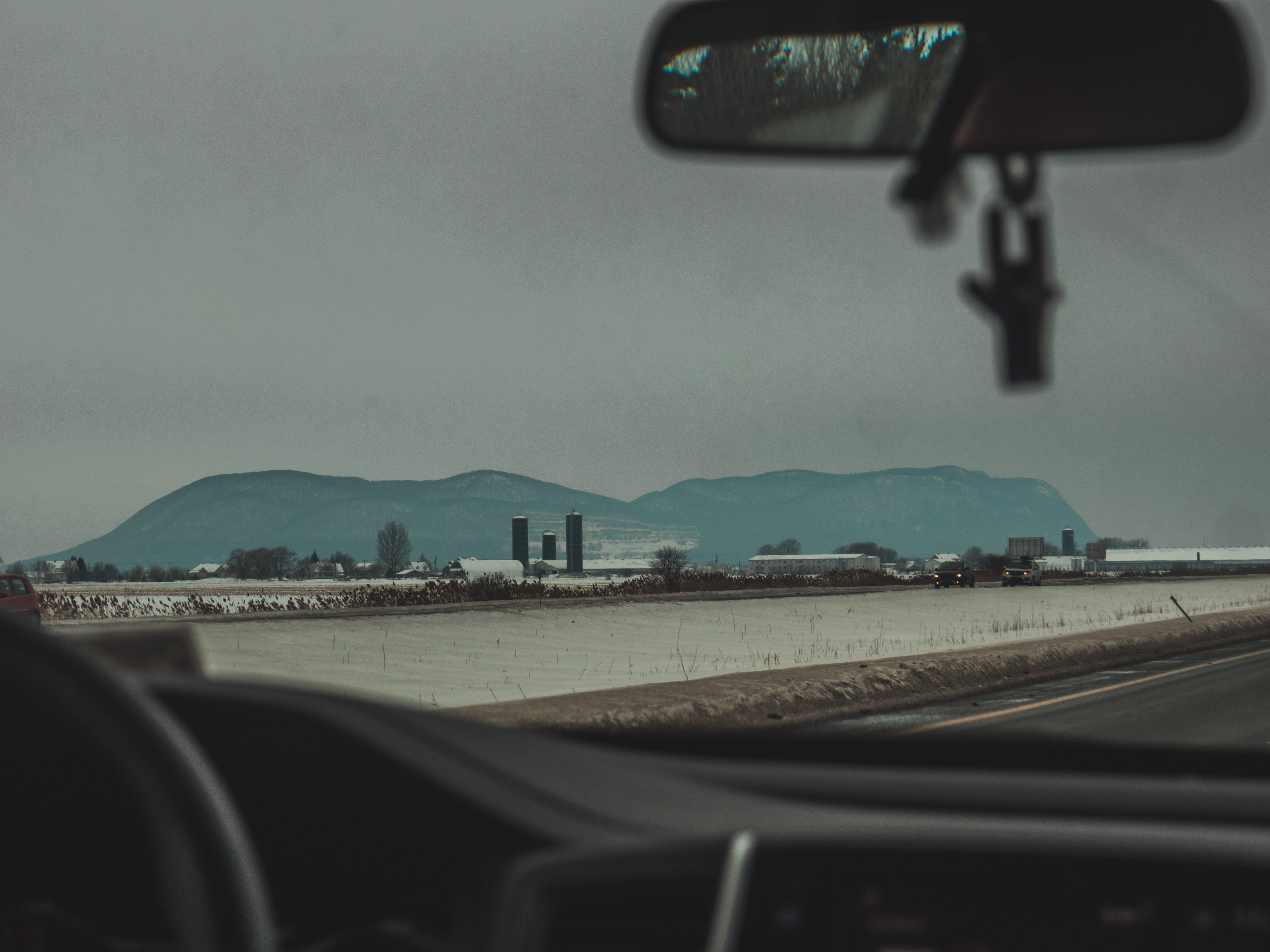 transparent, glass - material, transportation, 4K, landscape, mountains, quebec, rear-view mirror, land vehicle, vehicle interior, focus on background, HD Wallpaper