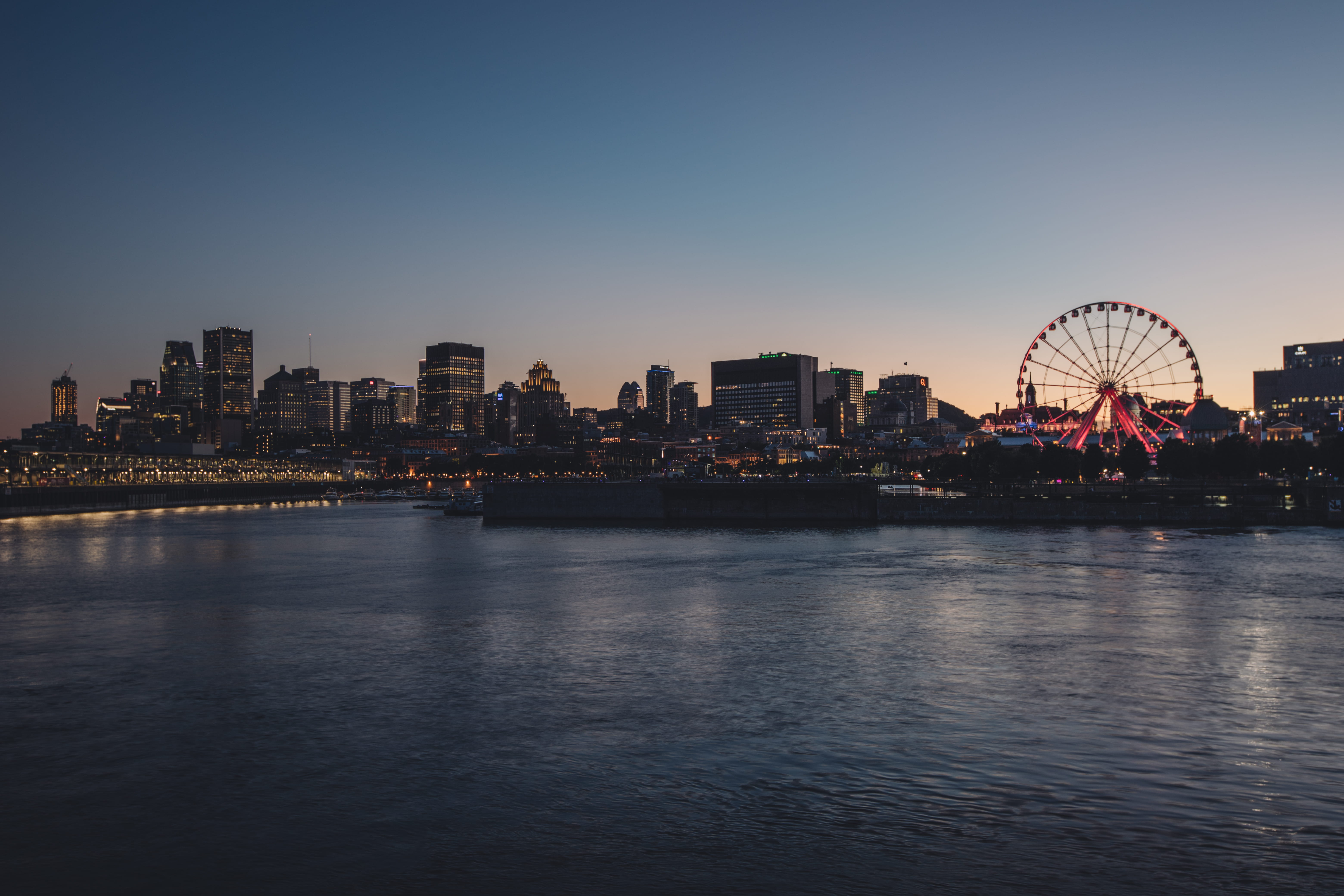 illuminated, dusk, sky, downtown, canon 6d mark ii, architecture, downtown montreal, old port, sunset, landscape, building, amusement park, travel destinations, HD Wallpaper