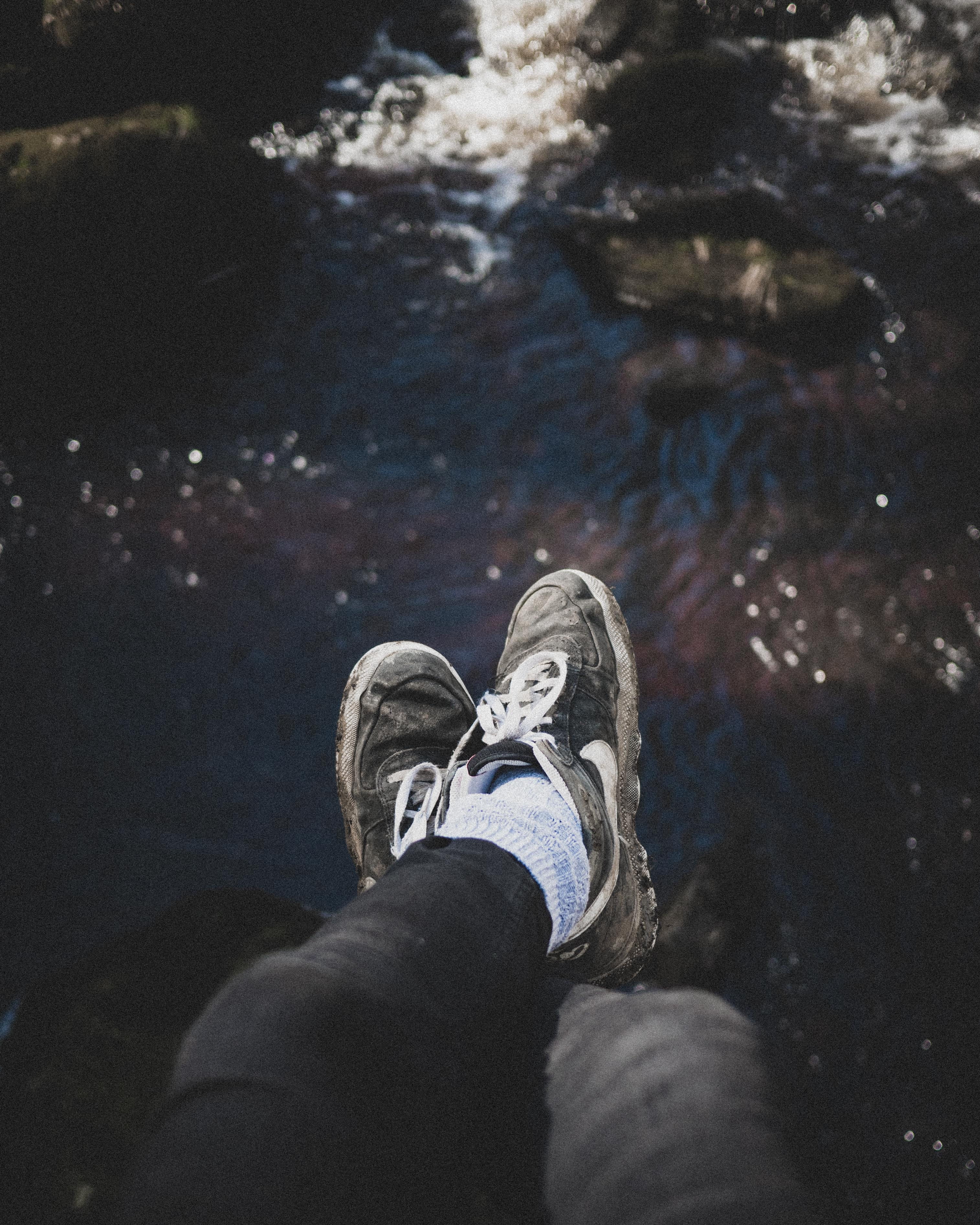 look down, rocks, 2K, outdoors, human foot, high angle view, unrecognizable person, shadows, jeans, hike, low section, grain, human leg, filim, human, Phone HD Wallpaper