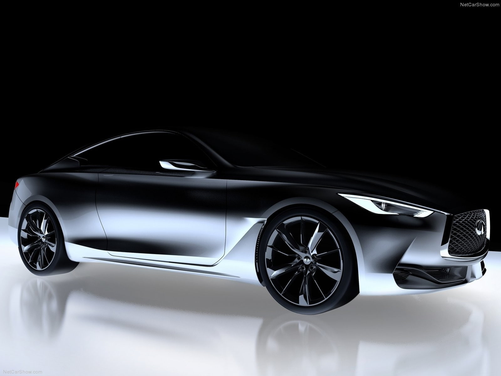 chrome, sports car, 720P, modern, elegance, reflection, indoors, wheel, motor vehicle, luxury, black background, mode of transportation, tire, infiniti 2015 infiniti q60 coupe twin turbo race cars silver vehicle interiors, HD Wallpaper