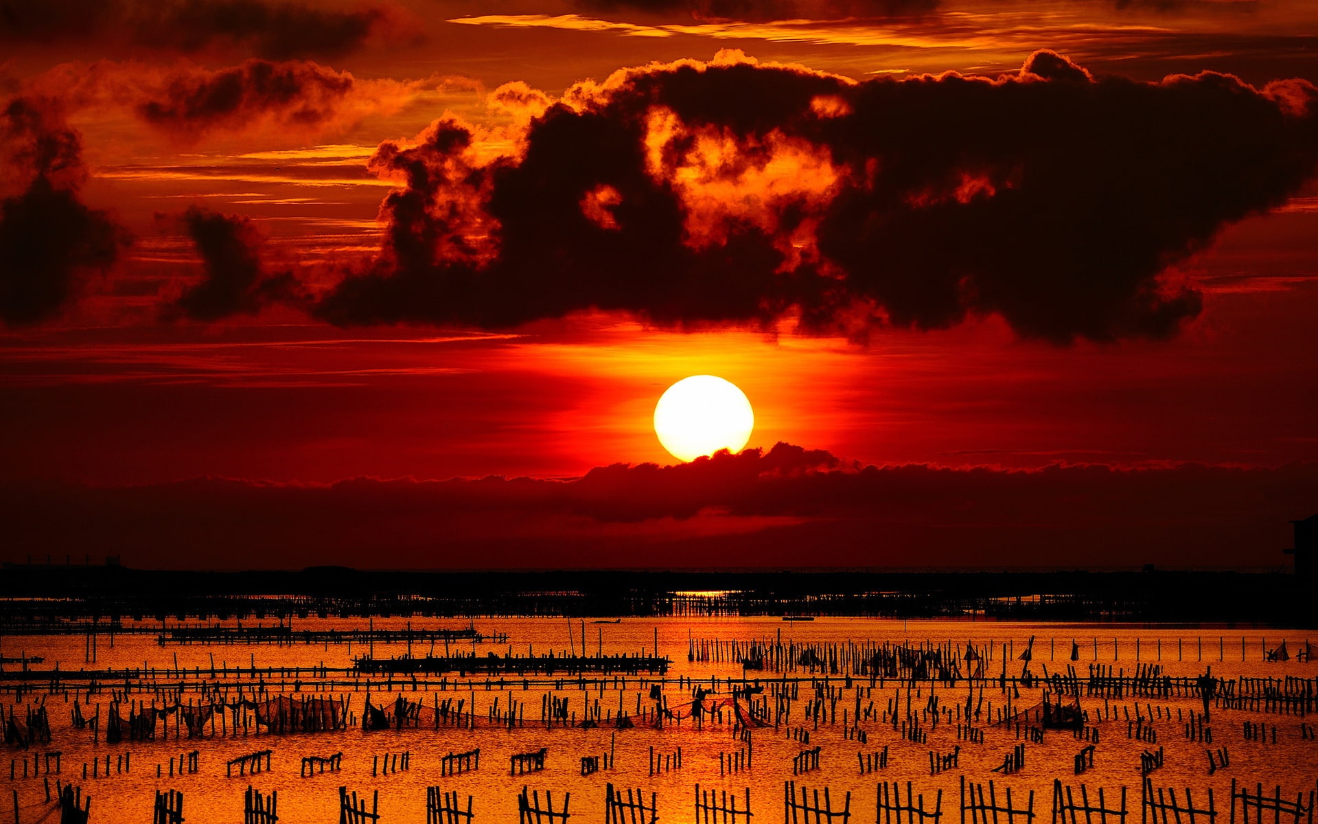 Sky, Sea, Red, Sunset, Fences, columns, Nets, Clouds, 1080P, HD Wallpaper