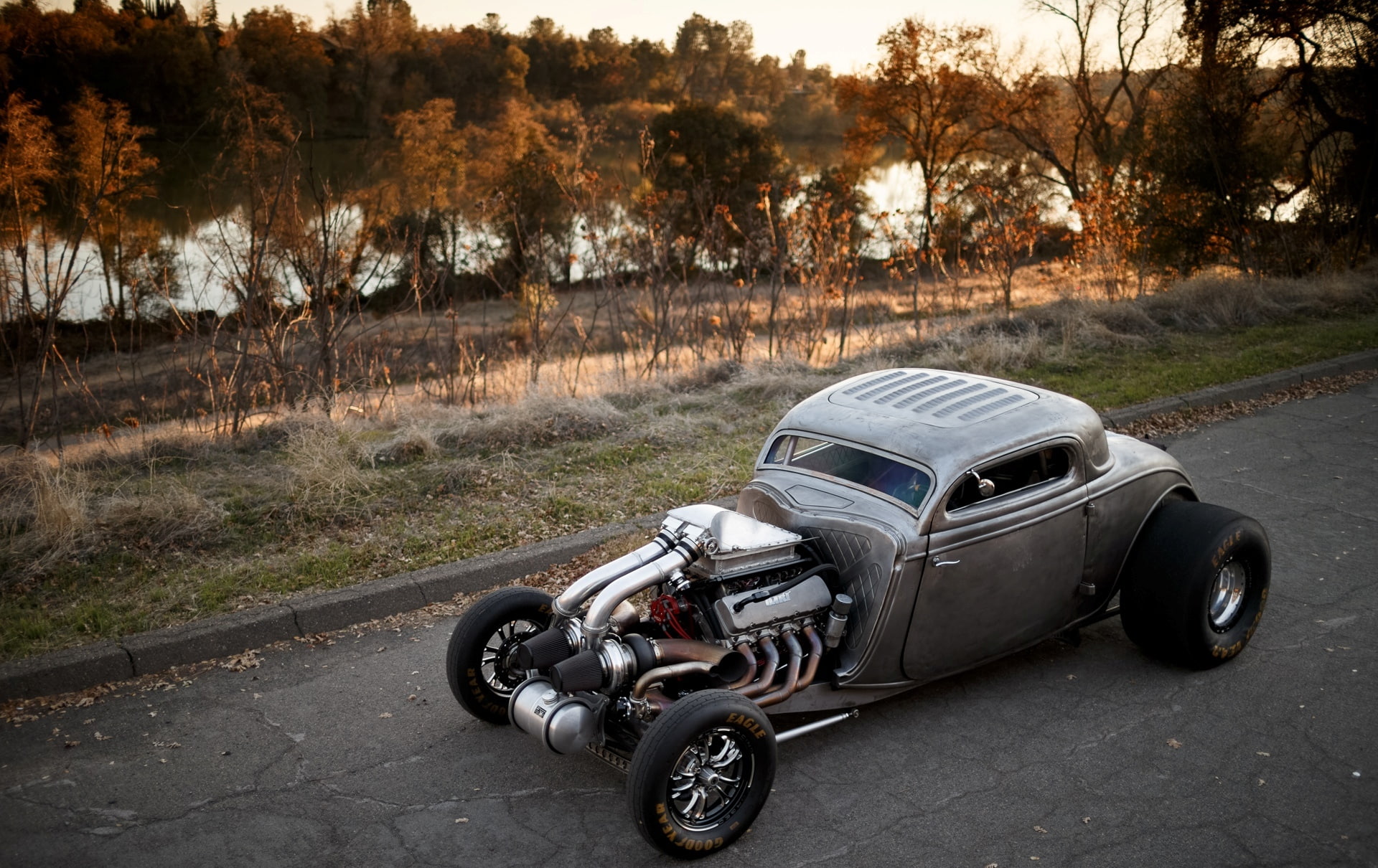 outdoors, non-urban scene, stationary, wheel, mode of transportation, View from the top, Big Block, plant, land, gray, street, motor vehicle, Twin Turbo, HD Wallpaper