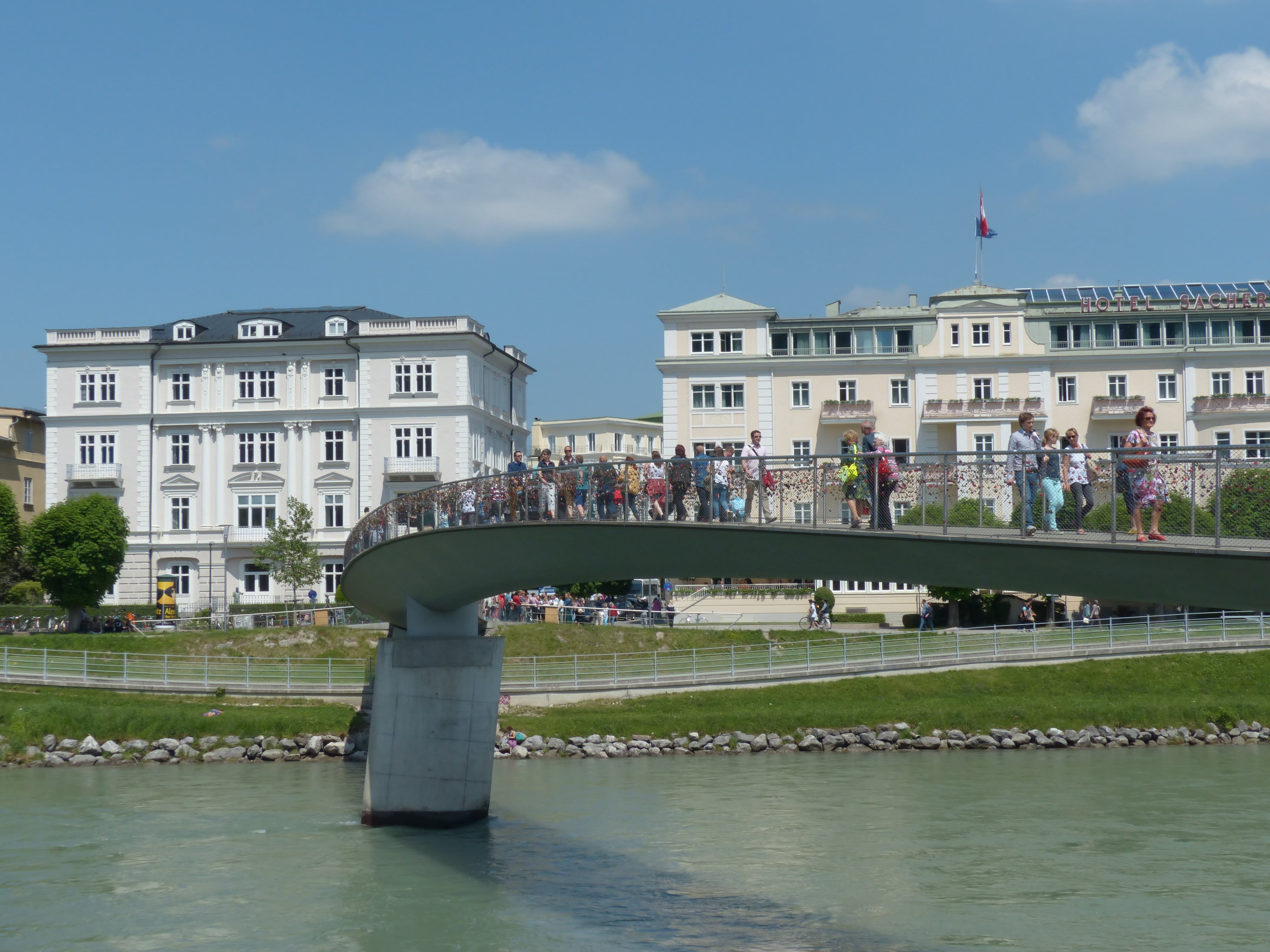 salzach river, cyclist bridge, connection, river, salzach, tourism, travel, incidental people, hans makart, historic centre, day, outdoors, makartsteg, HD Wallpaper