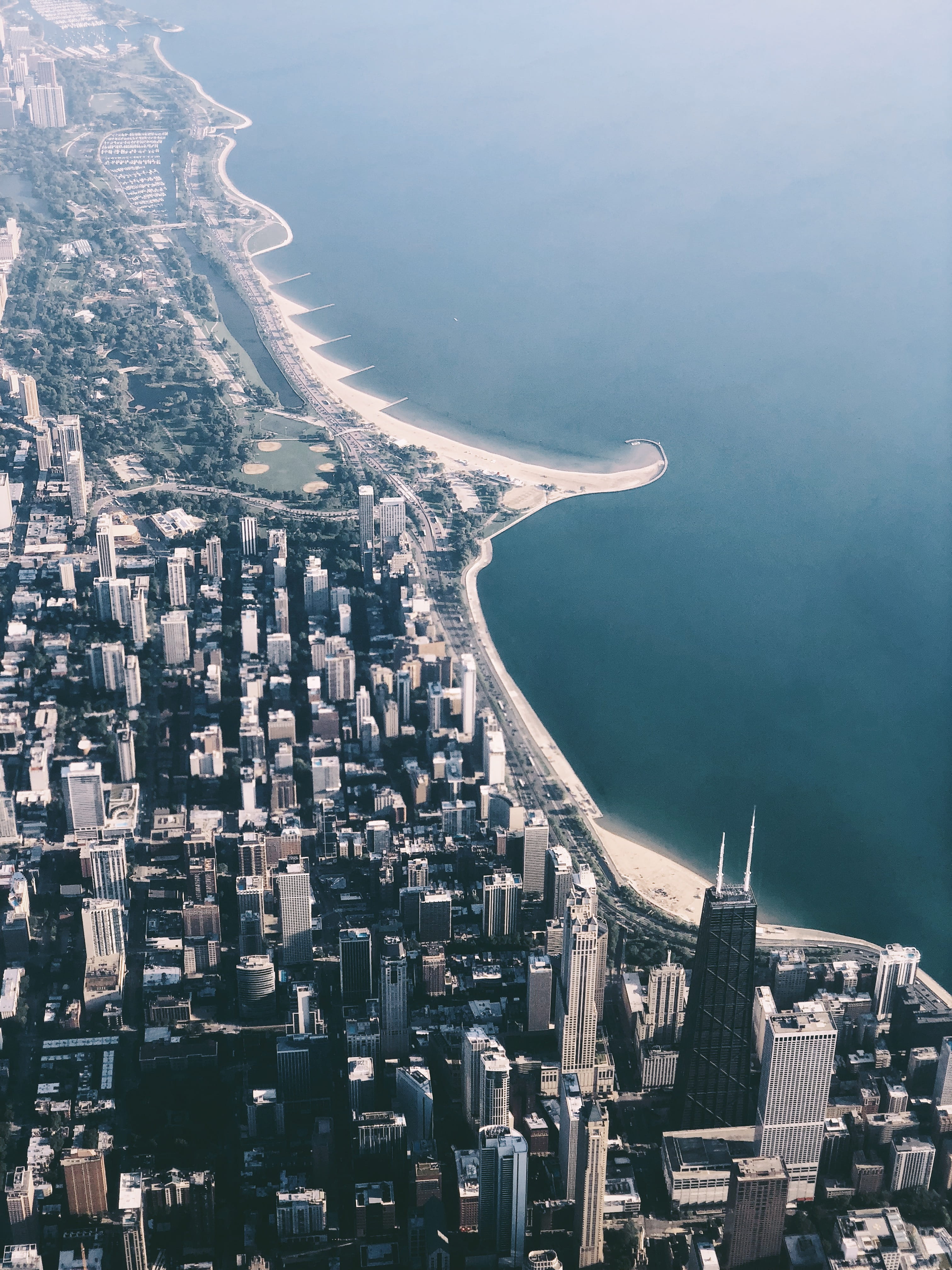 rise, building, water, blue, buildings, illinois, air, city, nature, lake, scenery, urban, 4K, crowded, lake michigan, spire, skyscraper, day, high, aerial view, Phone HD Wallpaper