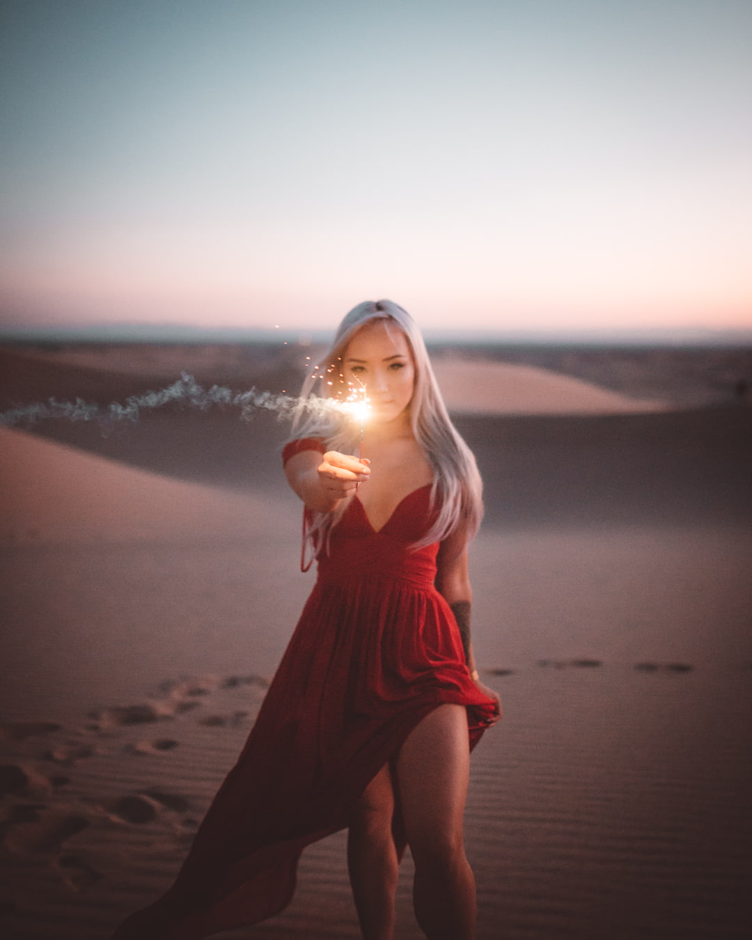 sparks, 720P, outdoors, women outdoors, silver hair, portrait, bokeh, fireworks, women, depth of field, model, desert, Phone HD Wallpaper