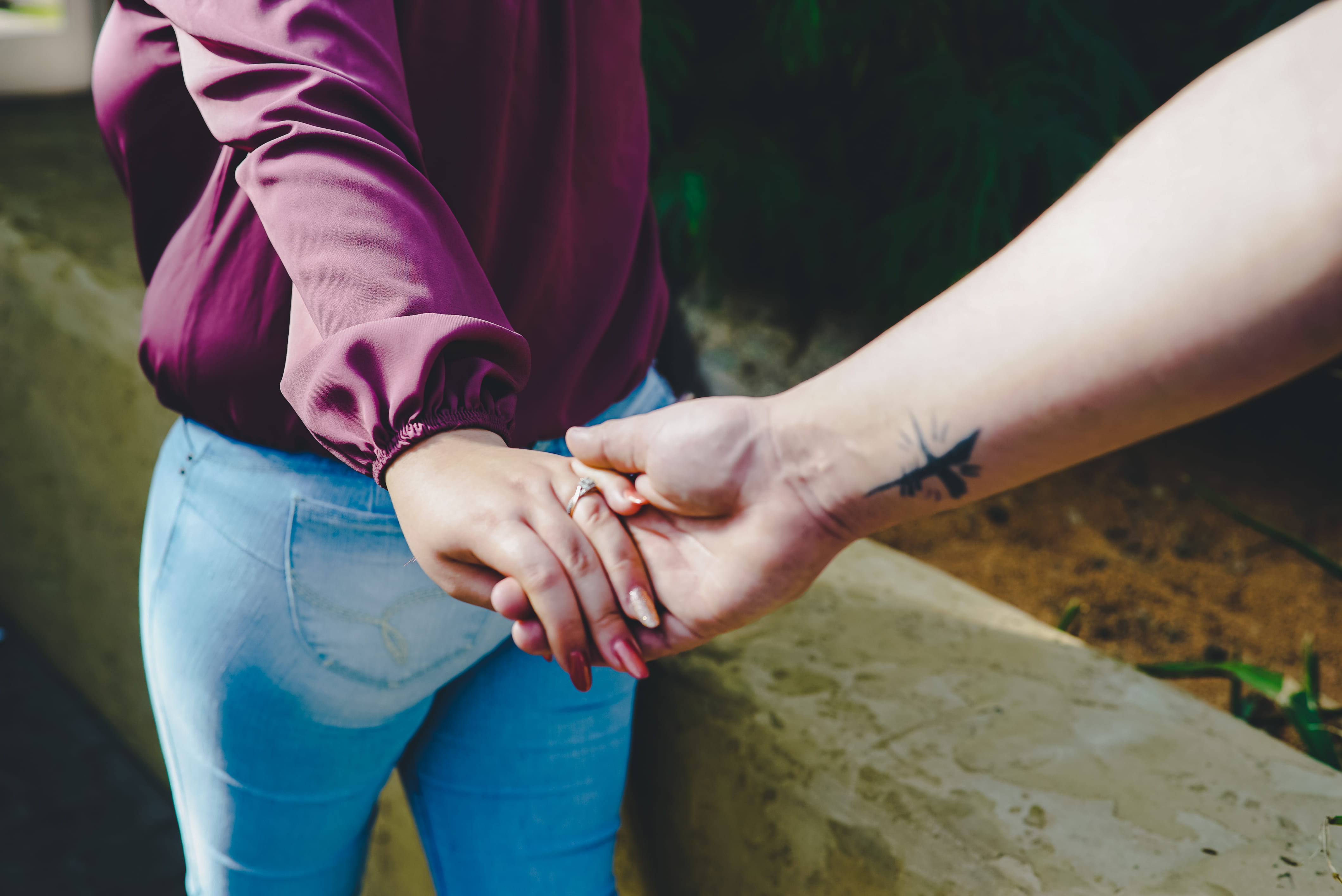 two people, bonding, hold, purple, focus on foreground, blue, jeans, holding, couple - relationship, women, daytime, ring, human hand, human body part, HD Wallpaper