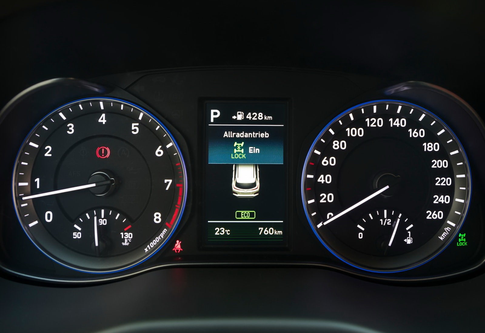 number, dashboard, vehicle interior, speed, hyundai, no people, close-up, kona, car, indoors, (2018), technology, speedometer, mode of transportation, 720P, HD Wallpaper