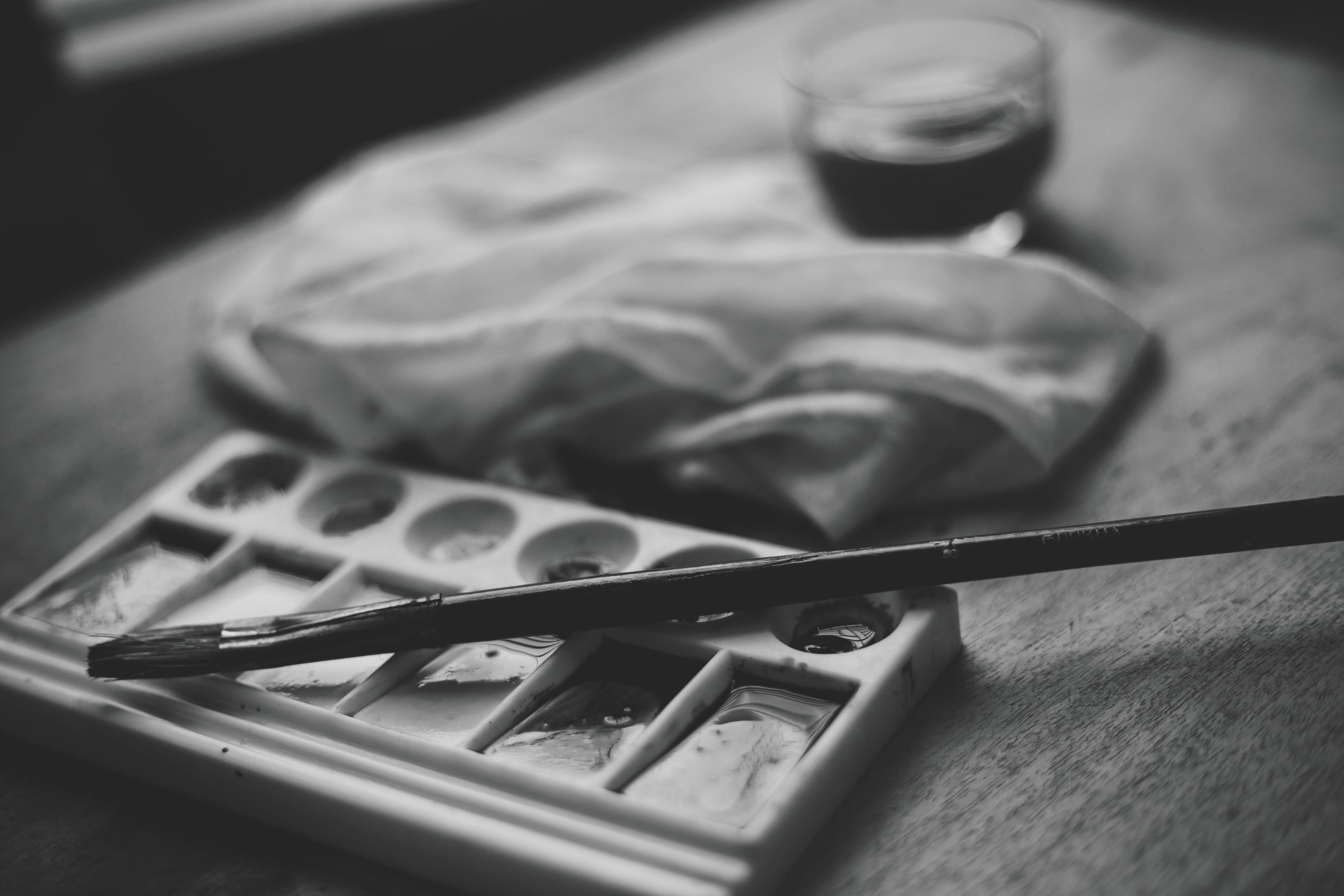 tray, paintbrush, vintage, pattern, scissors, food, work tool, blue, paint, vibrant, chopsticks, high angle view, emotions, food and drink, poster, design, HD Wallpaper