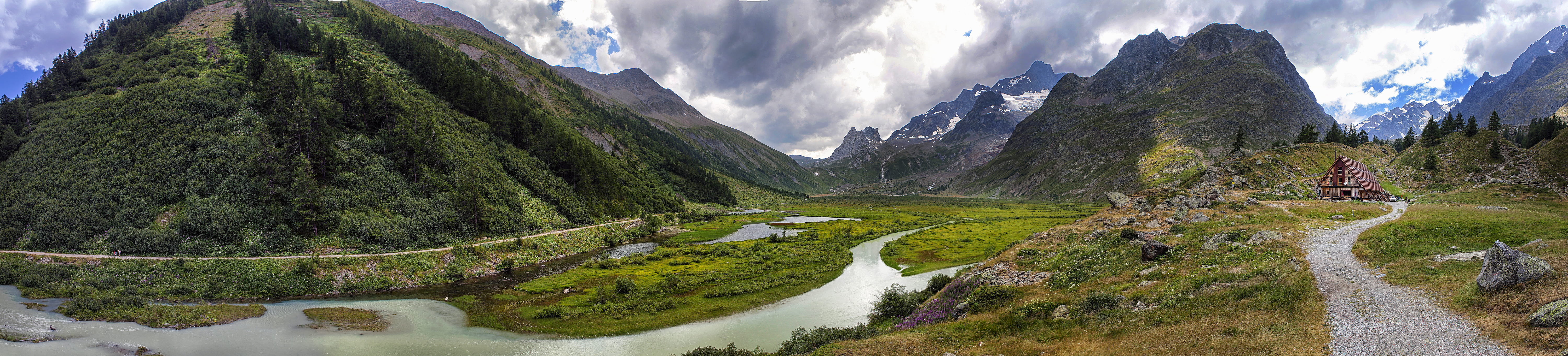 beauty in nature, plant, non-urban scene, sky, forest, italy, land, mountains, no people, tranquility, stream - flowing water, outdoors, val veny, mountain range, HD Wallpaper