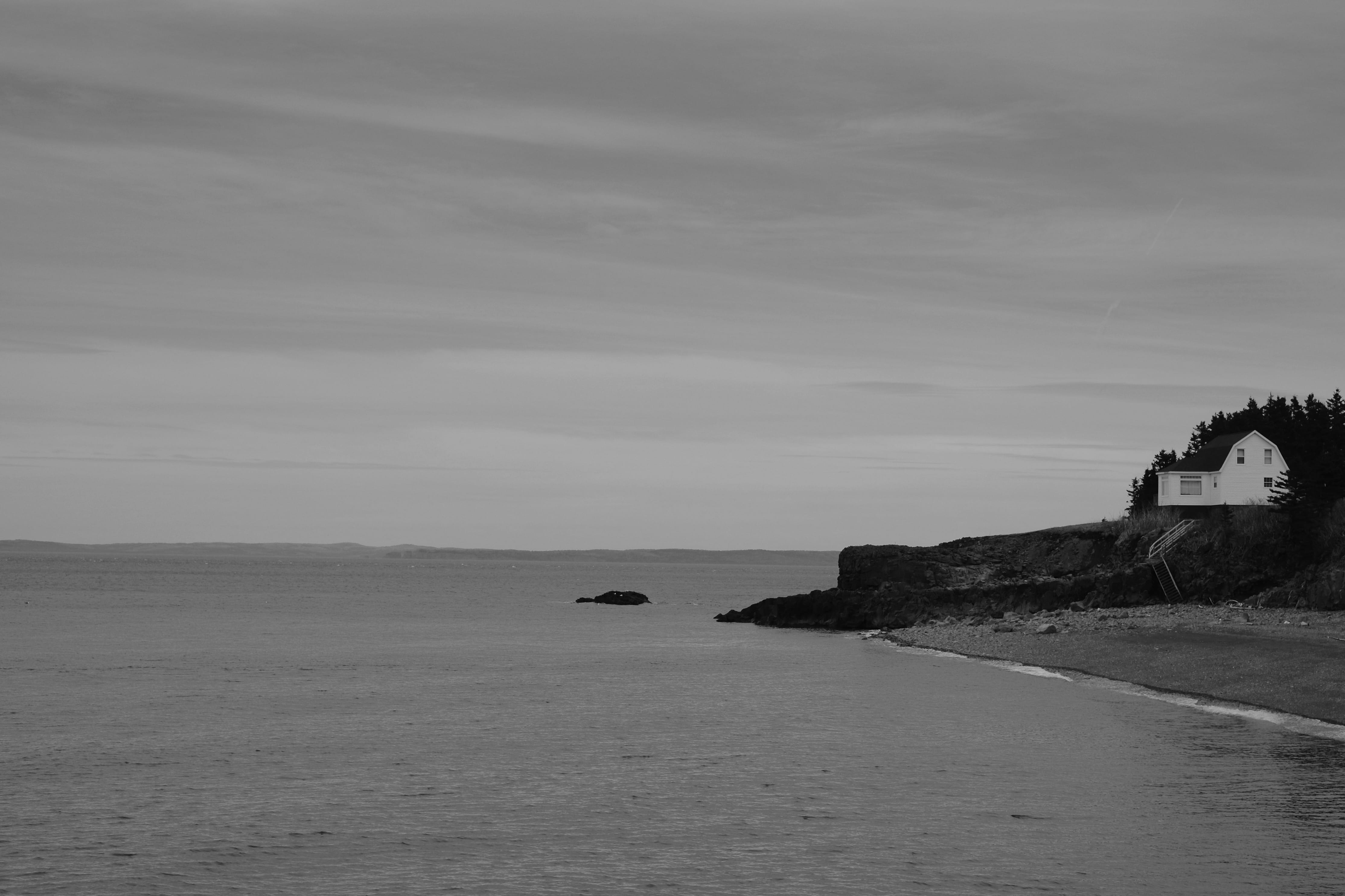 sky, tide, horizon, stack rock, day, monochromatic, nature, tranquil scene, tranquility, bay, scenics - nature, non-urban scene, black + white, cloud - sky, HD Wallpaper