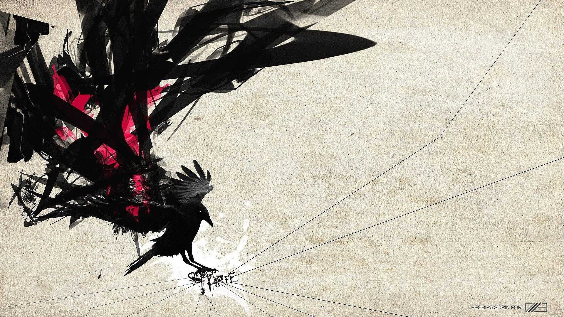 abstract, animals, digital art, crow, birds, simple background, Tokyo Ravens, 1080P, HD Wallpaper