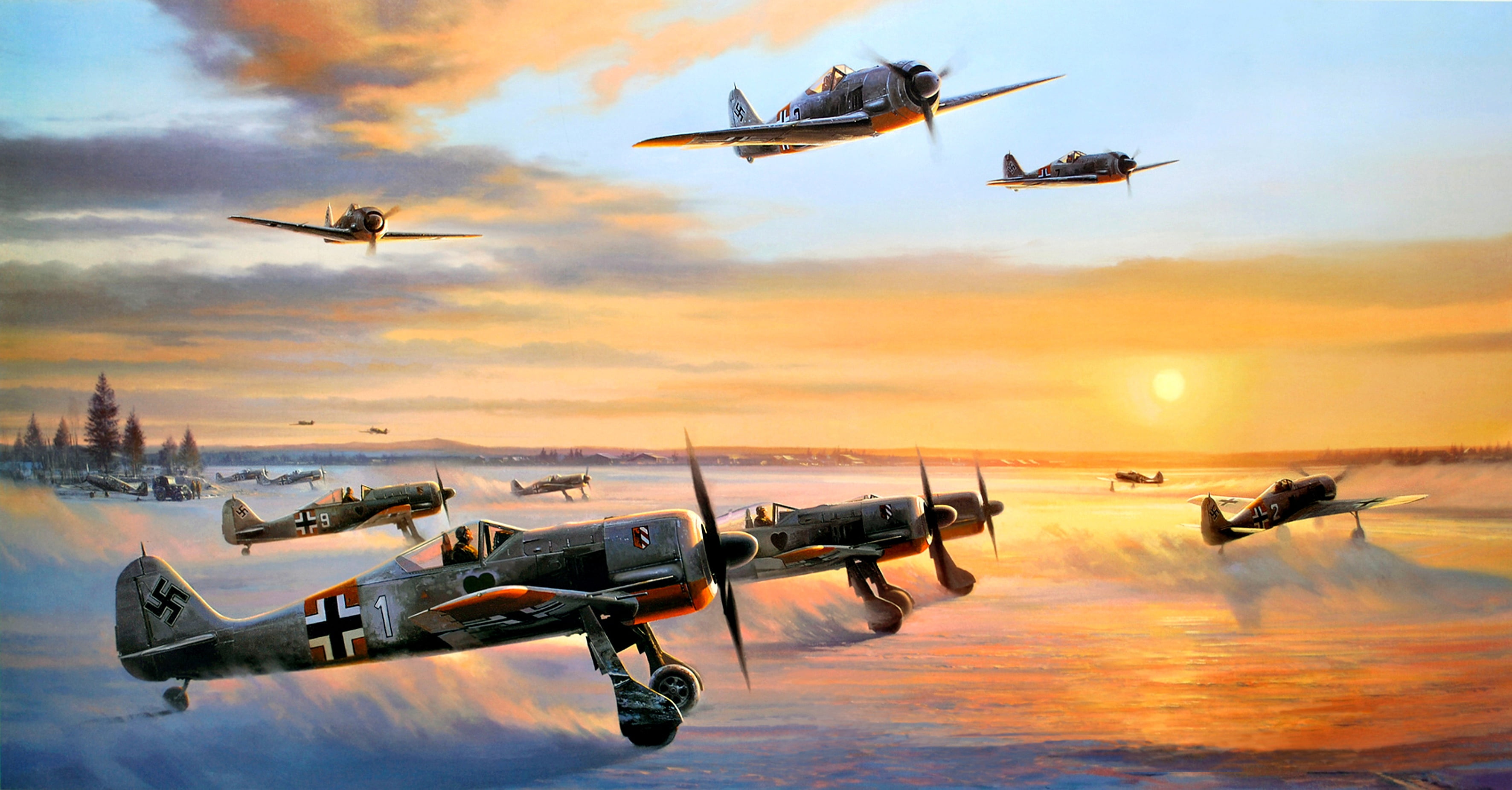 fighter, Fw-190, Sunrise, Fw.190A-4, Jagdgeschwader54, Winter, The airfield, Engine BMW 801.D-2, 2K, Snow, HD Wallpaper